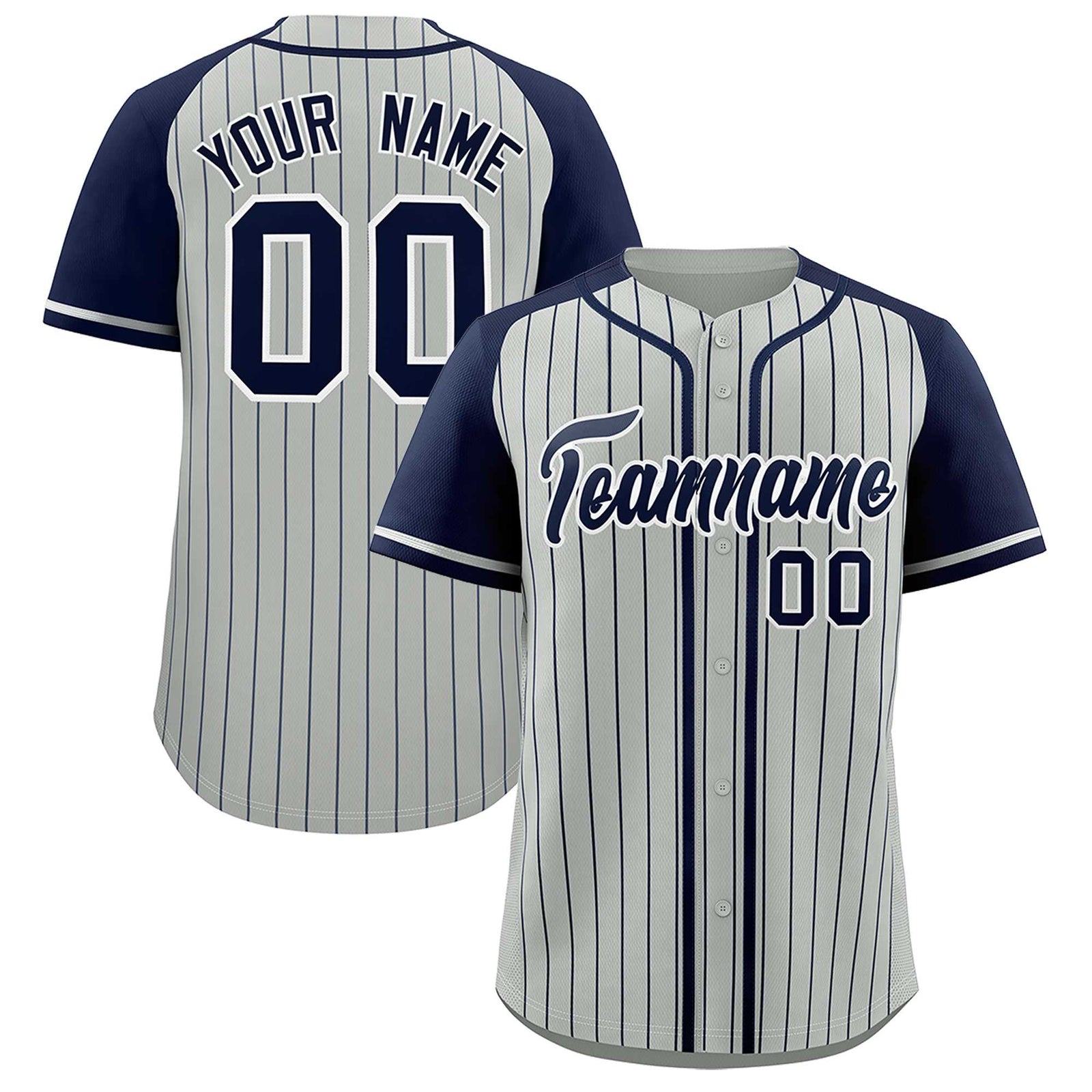 Custom Gray Navy Stripe Fashion Raglan Sleeves Authentic Baseball Jersey