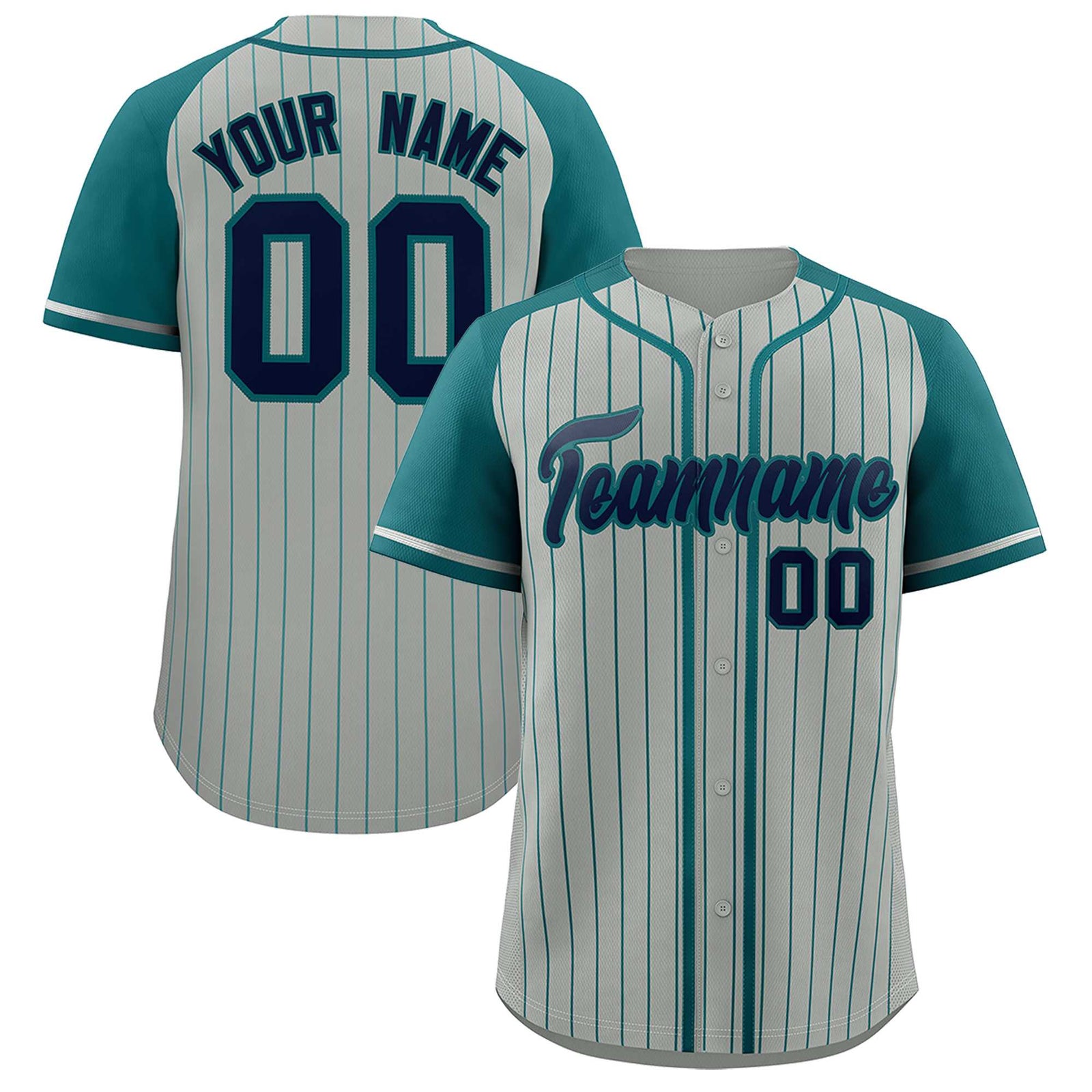 Custom Gray Aqua Stripe Fashion Raglan Sleeves Authentic Baseball Jersey