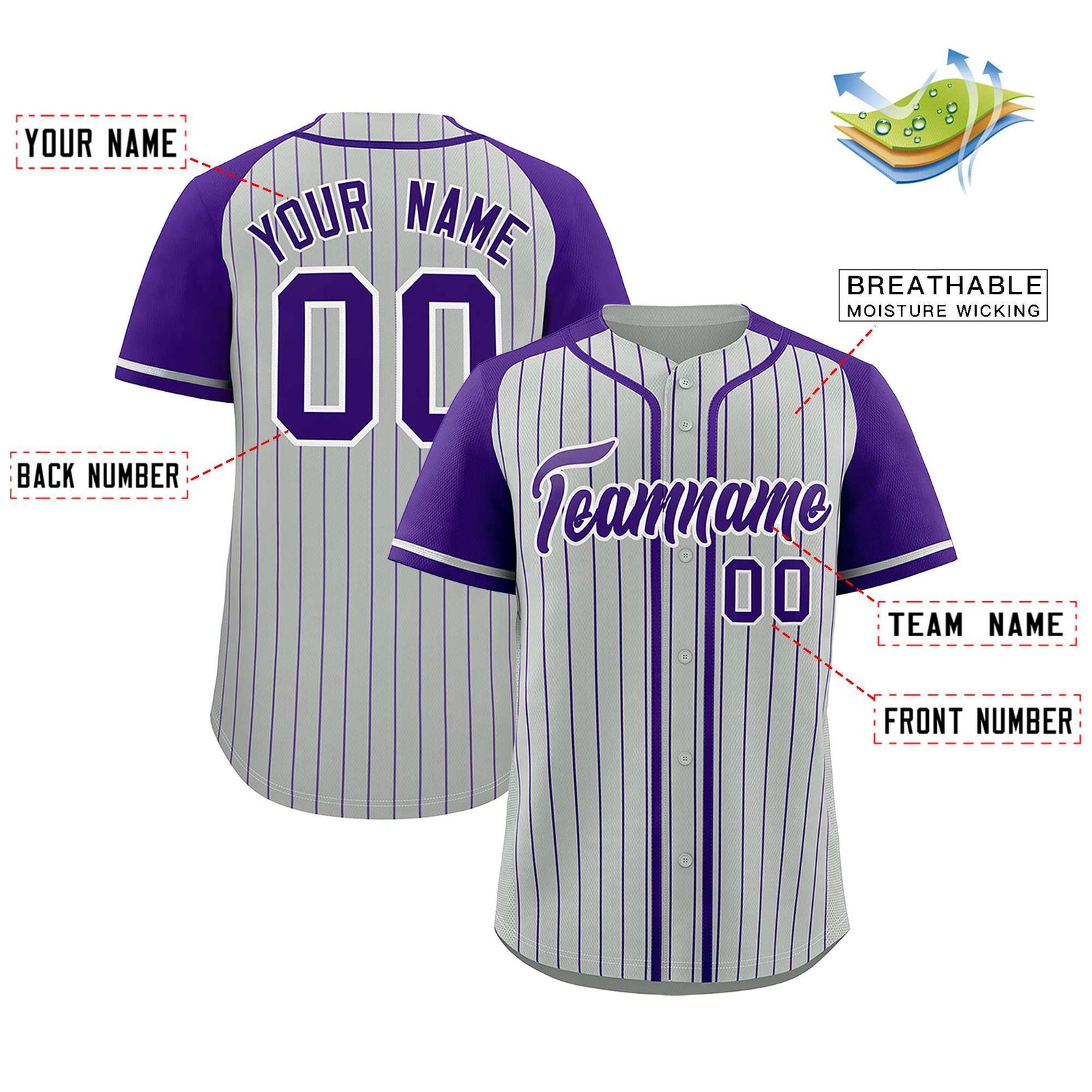 Custom Gray Purple Stripe Fashion Raglan Sleeves Authentic Baseball Jersey