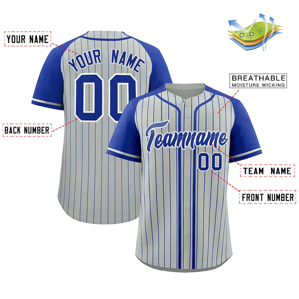 Custom Gray Royal Stripe Fashion Raglan Sleeves Authentic Baseball Jersey