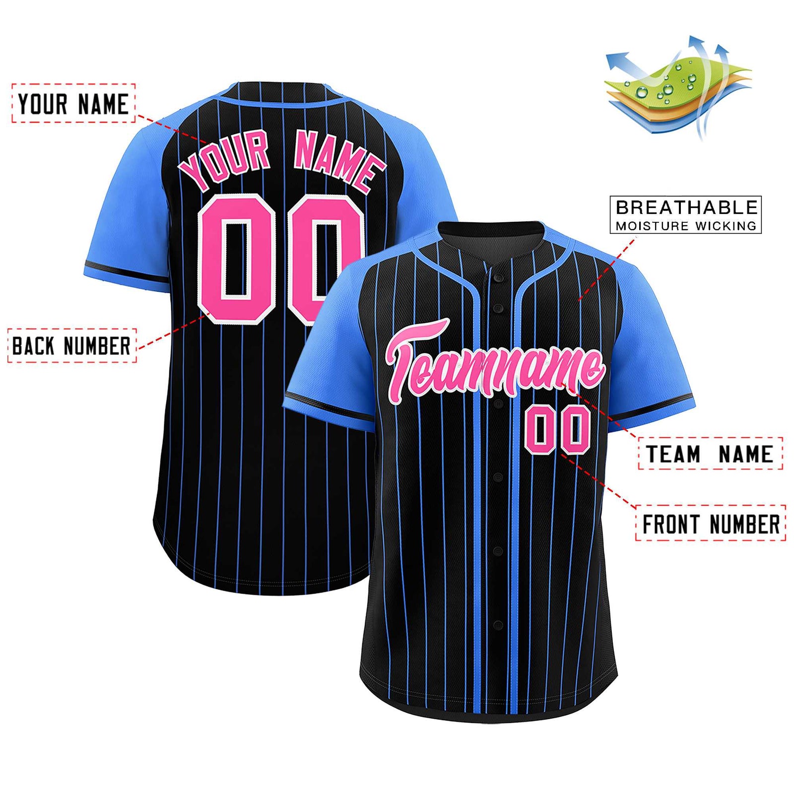 Custom Black Powder Blue Stripe Fashion Raglan Sleeves Authentic Baseball Jersey