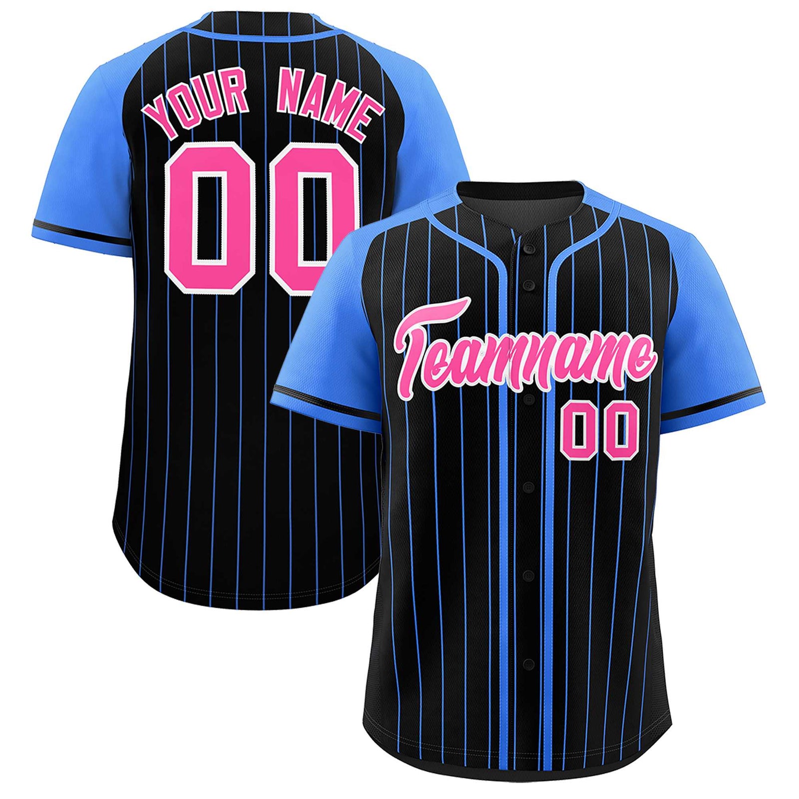 Custom Black Powder Blue Stripe Fashion Raglan Sleeves Authentic Baseball Jersey
