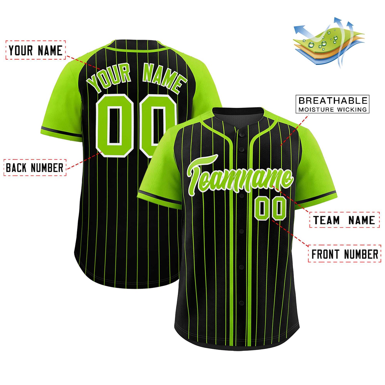 Custom Black Neon Green Stripe Fashion Raglan Sleeves Authentic Baseball Jersey