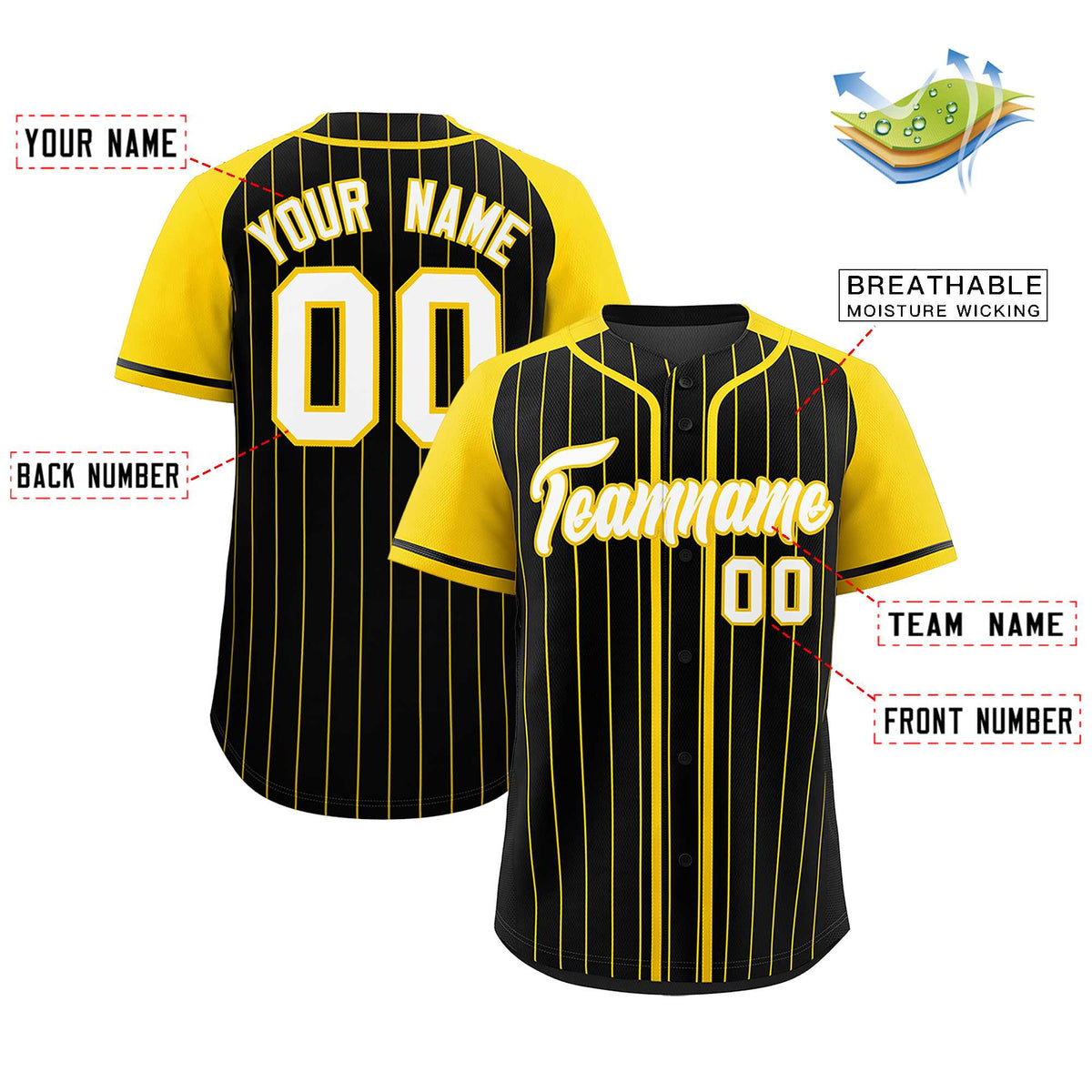 Custom Black Gold Stripe Fashion Raglan Sleeves Authentic Baseball Jersey