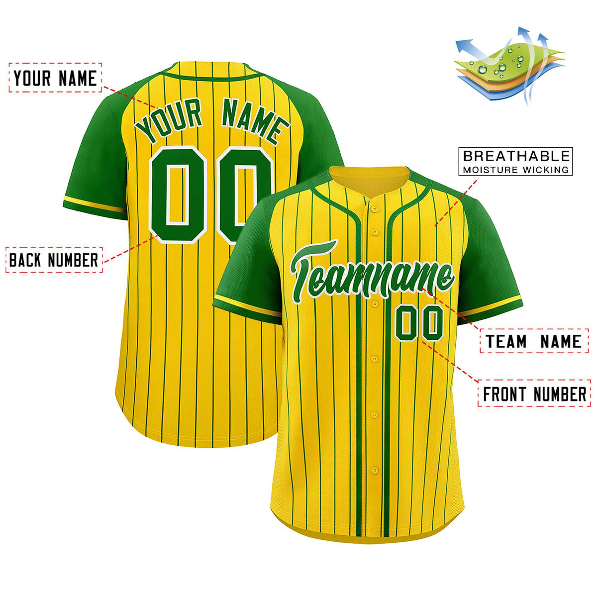 Custom Gold Kelly Green Stripe Fashion Raglan Sleeves Authentic Baseball Jersey