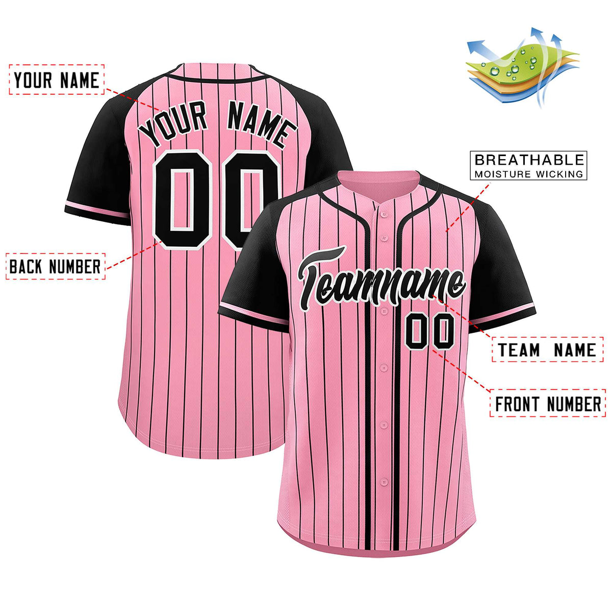 Custom Light Pink Black Stripe Fashion Raglan Sleeves Authentic Baseball Jersey