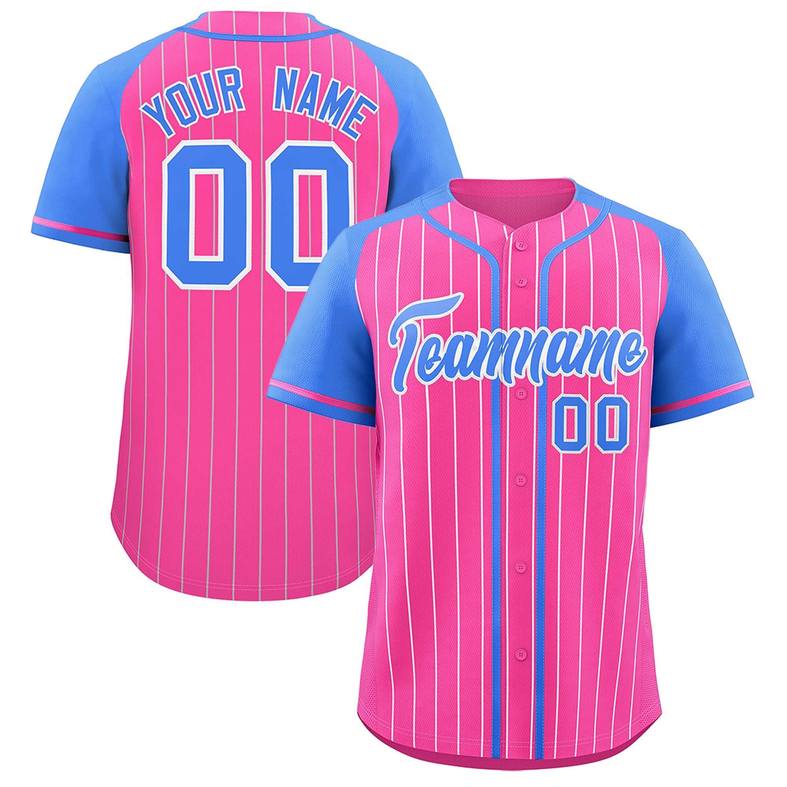 Custom Pink Powder Blue Stripe Fashion Raglan Sleeves Authentic Baseball Jersey