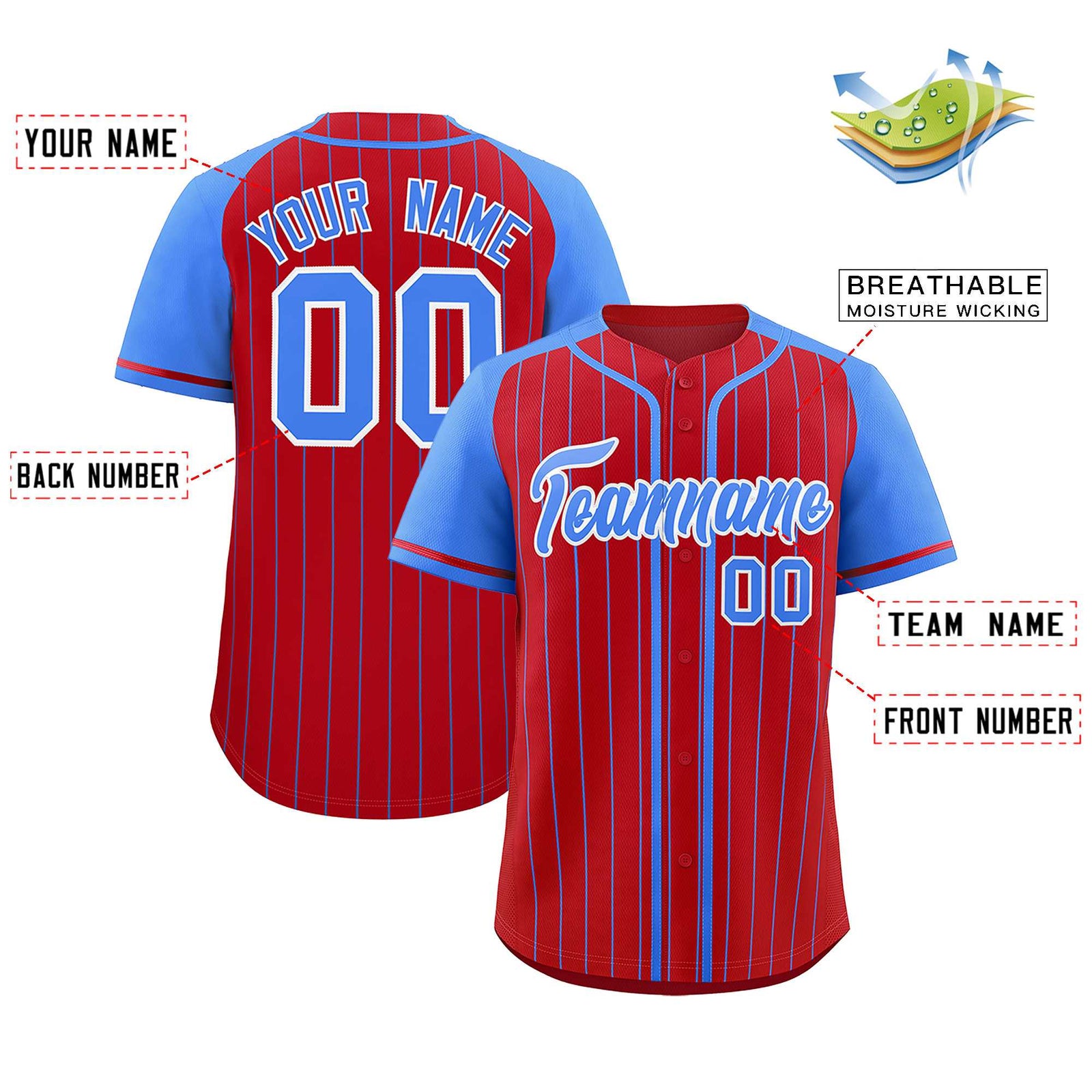 Custom Red Powder Blue Stripe Fashion Raglan Sleeves Authentic Baseball Jersey