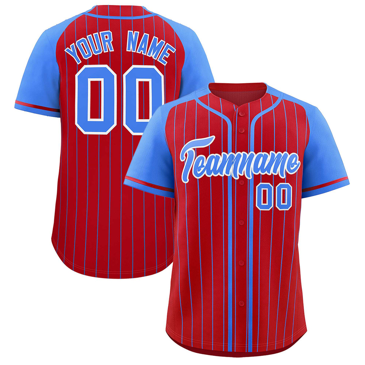 Custom Red Powder Blue Stripe Fashion Raglan Sleeves Authentic Baseball Jersey