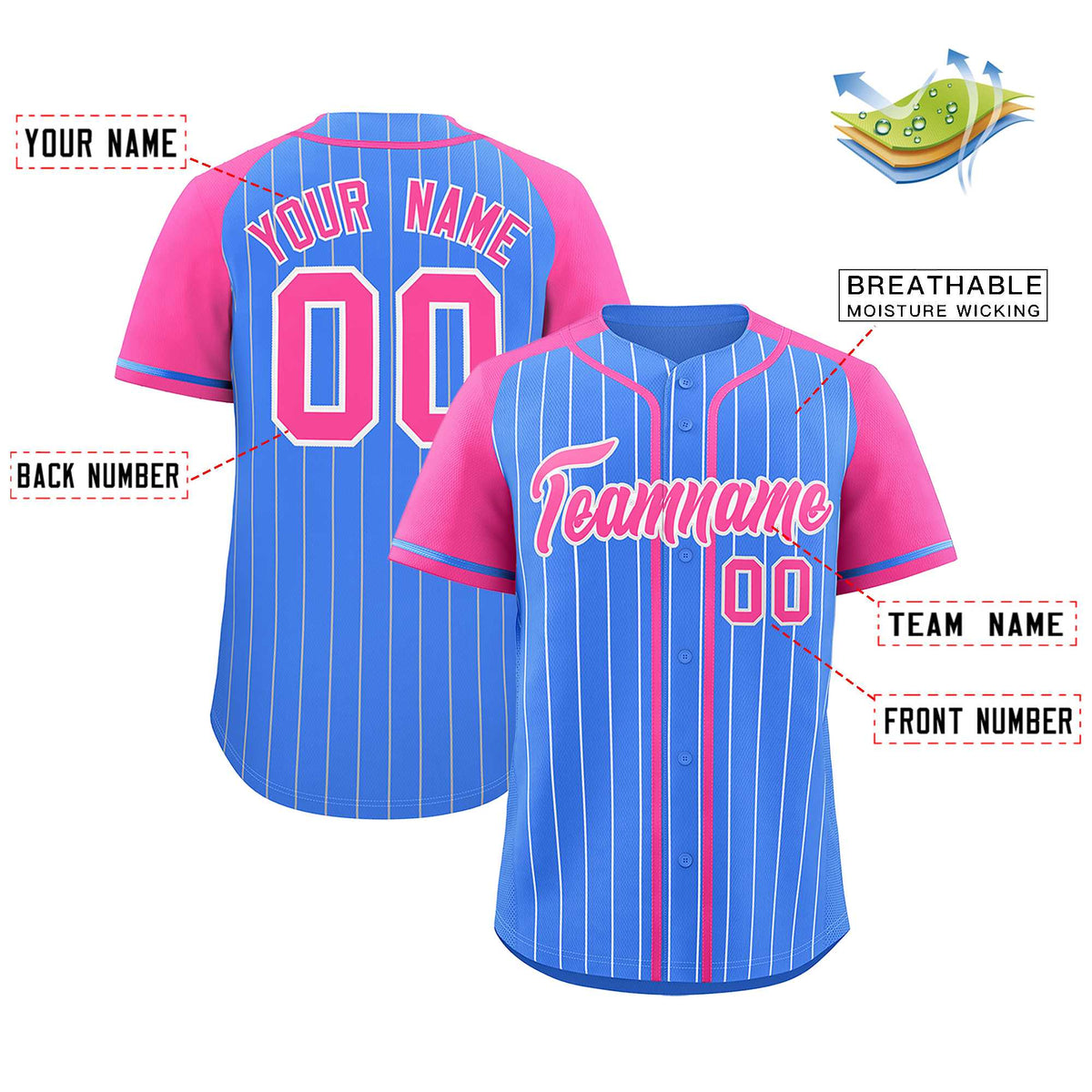Custom Powder Blue Pink Stripe Fashion Raglan Sleeves Authentic Baseball Jersey
