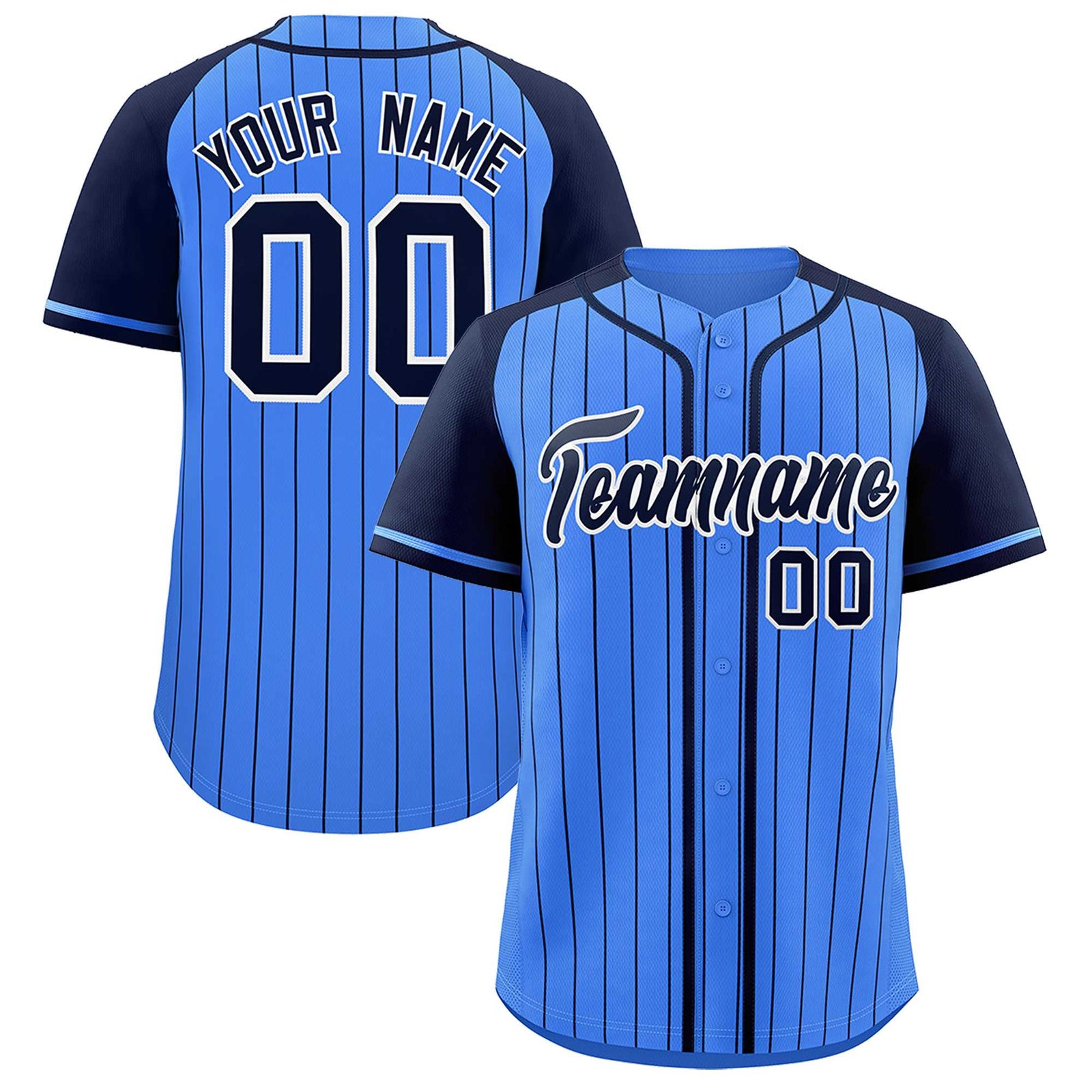 Custom Powder Blue Navy Stripe Fashion Raglan Sleeves Authentic Baseball Jersey