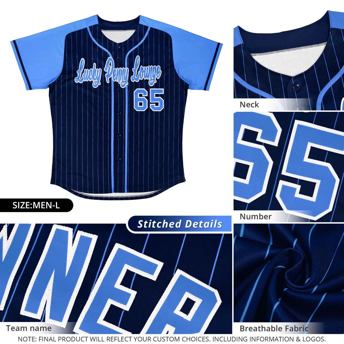 Custom Navy Powder Blue Stripe Fashion Raglan Sleeves Authentic Baseball Jersey