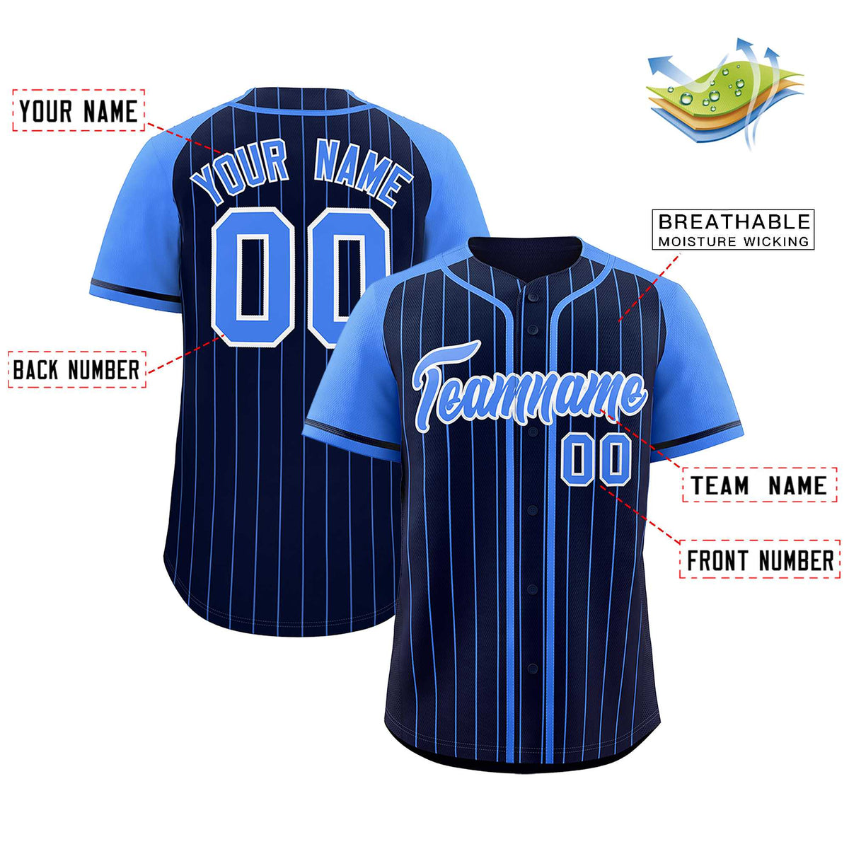 Custom Navy Powder Blue Stripe Fashion Raglan Sleeves Authentic Baseball Jersey