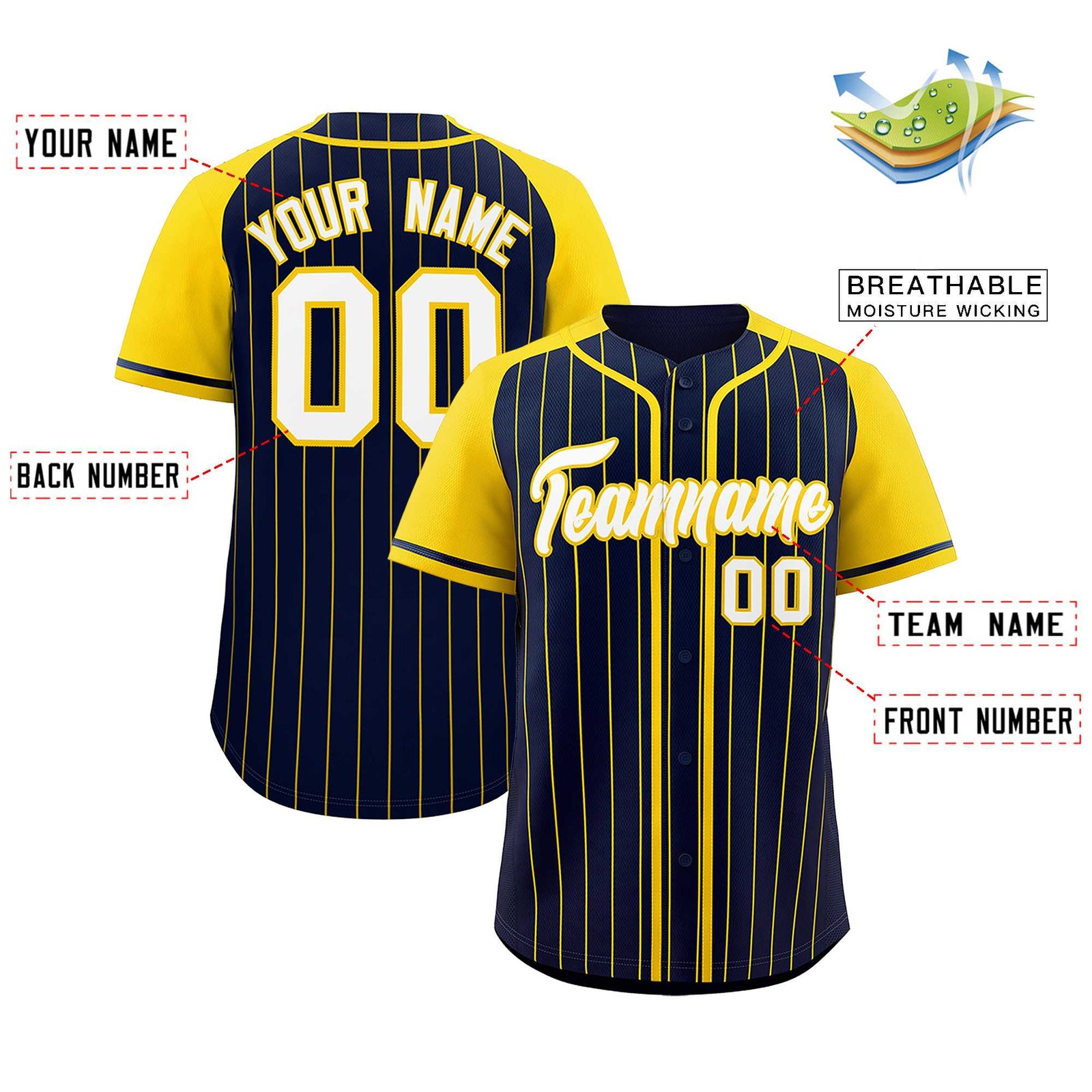 Custom Navy Gold Stripe Fashion Raglan Sleeves Authentic Baseball Jersey