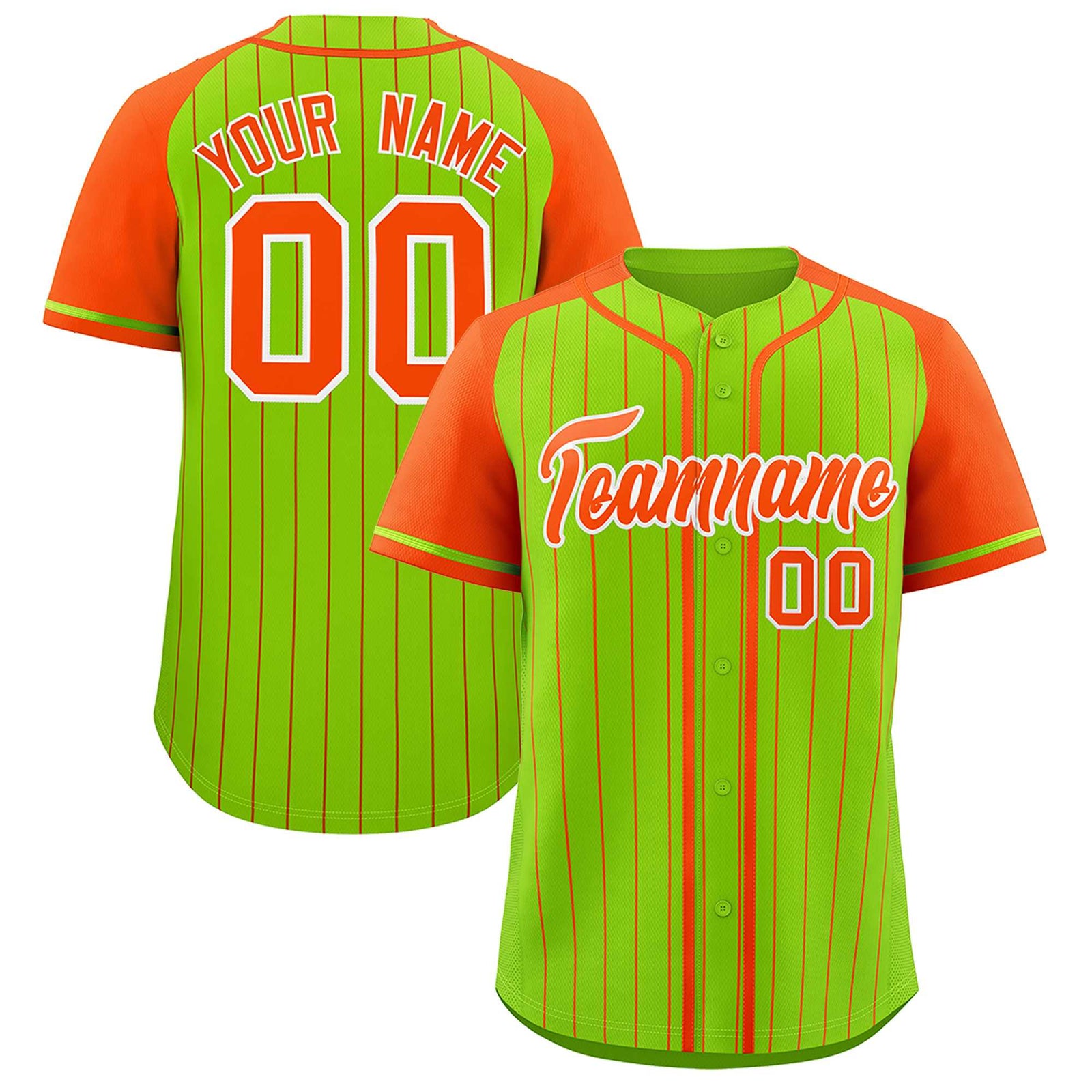 Custom Neon Green Orange Stripe Fashion Raglan Sleeves Authentic Baseball Jersey