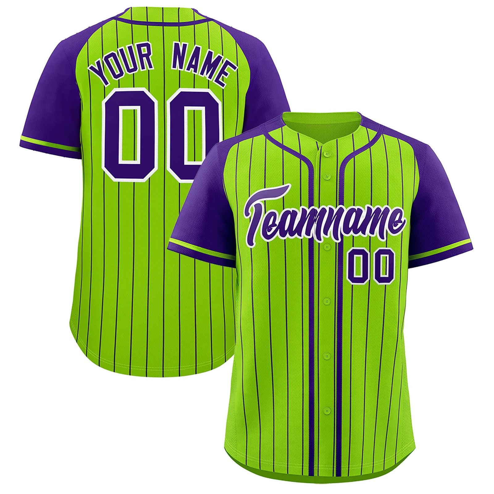 Custom Neon Green Purple Stripe Fashion Raglan Sleeves Authentic Baseball Jersey