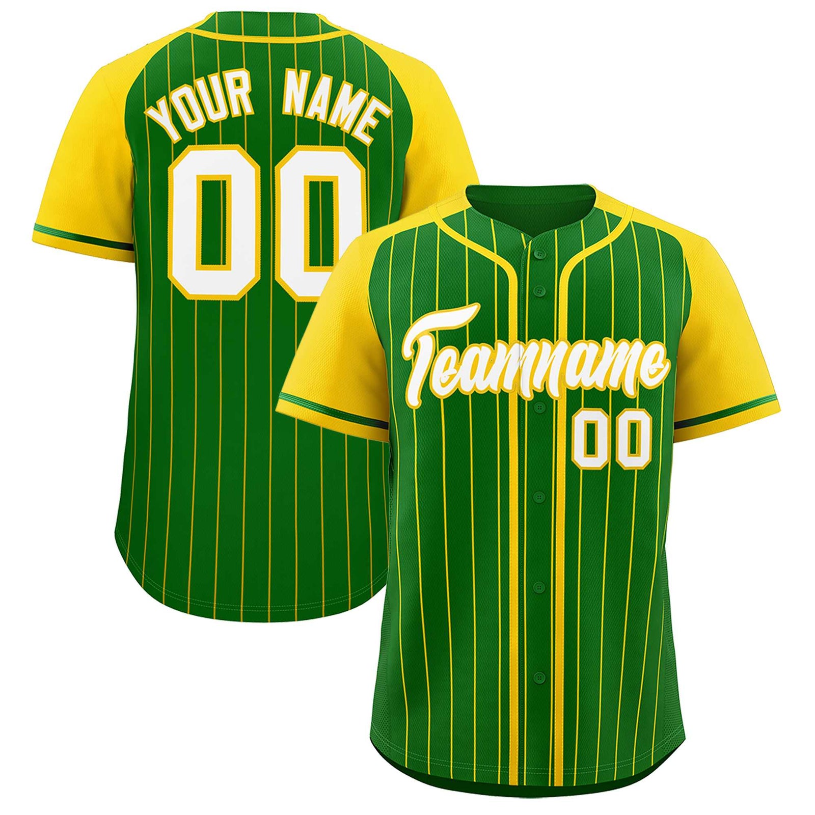 Custom Kelly Green Gold Stripe Fashion Raglan Sleeves Authentic Baseball Jersey
