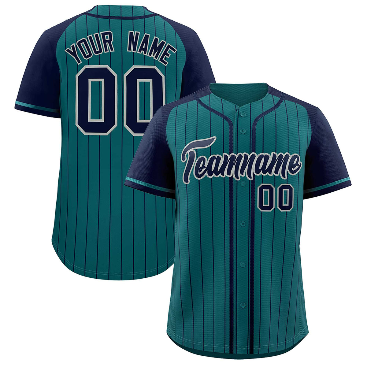 Custom Aqua Navy Stripe Fashion Raglan Sleeves Authentic Baseball Jersey