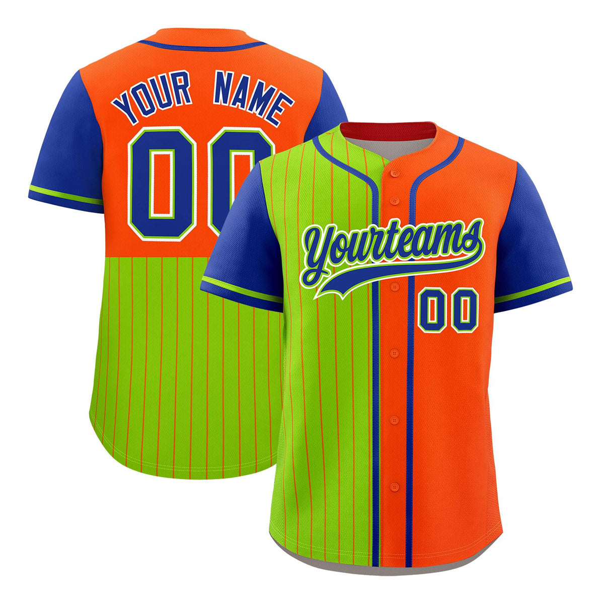 Custom Neon Green Orange and Royal Pinstripe Personalized Raglan Sleeves Authentic Baseball Jersey
