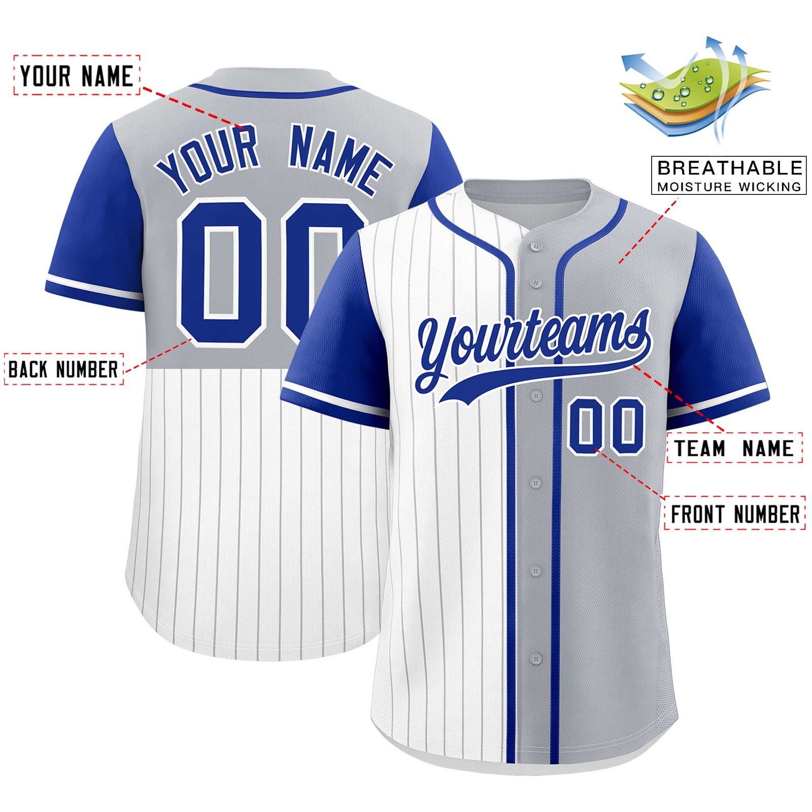 Custom White Gray and Royal Pinstripe Personalized Raglan Sleeves Authentic Baseball Jersey