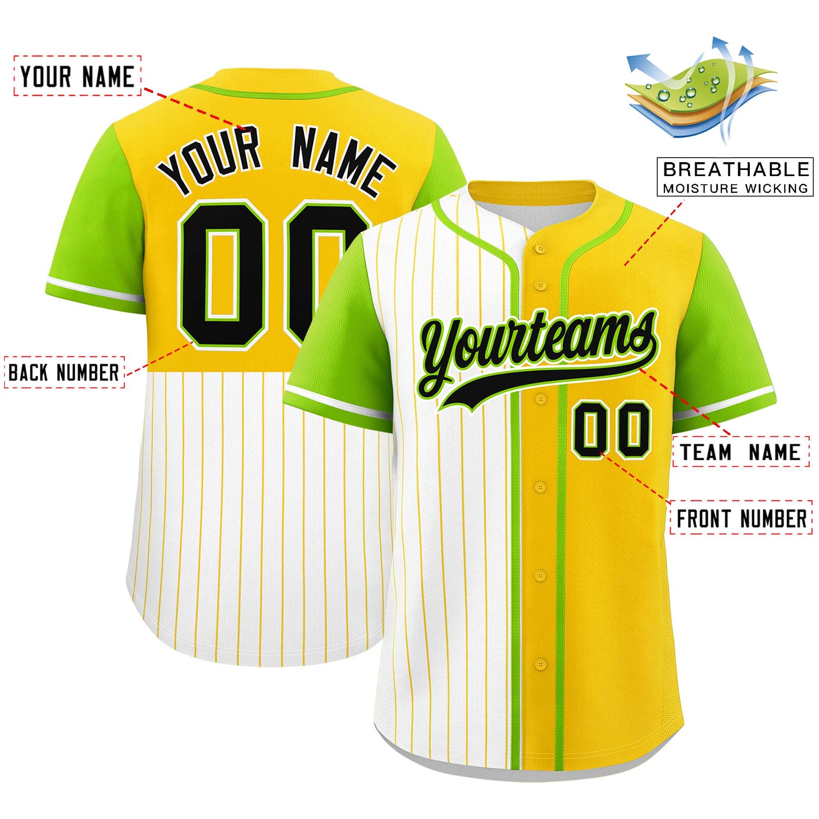 Custom White Gold and Neon Green Pinstripe Personalized Raglan Sleeves Authentic Baseball Jersey