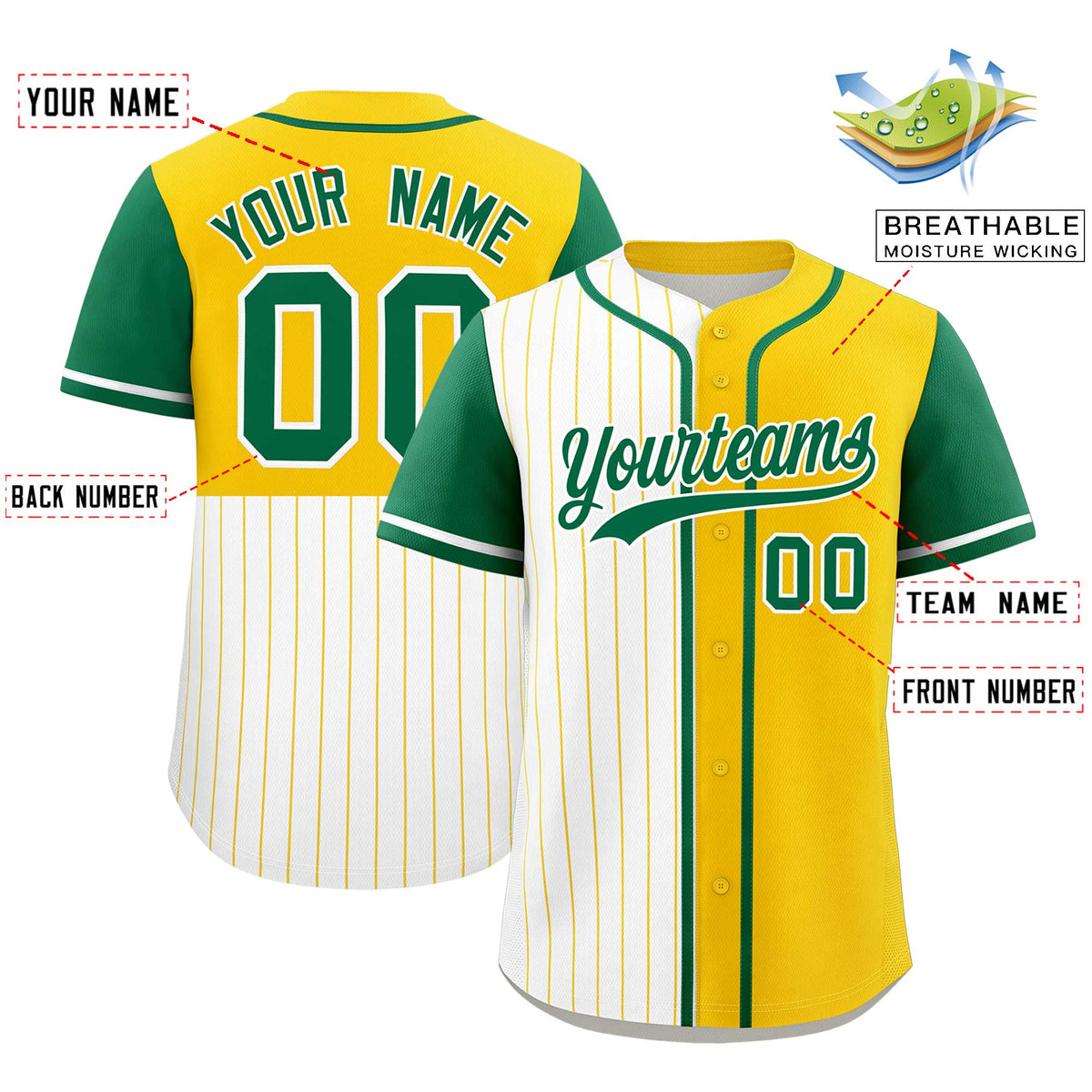 Custom White Gold and Kelly Green Pinstripe Personalized Raglan Sleeves Authentic Baseball Jersey