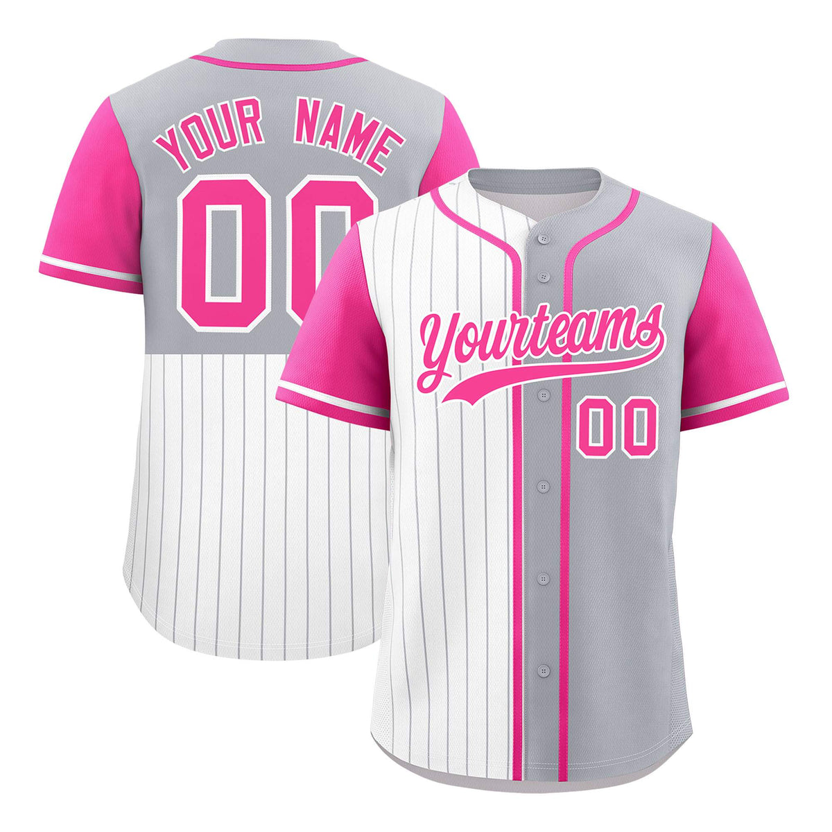 Custom White Gray and Pink Pinstripe Personalized Raglan Sleeves Authentic Baseball Jersey