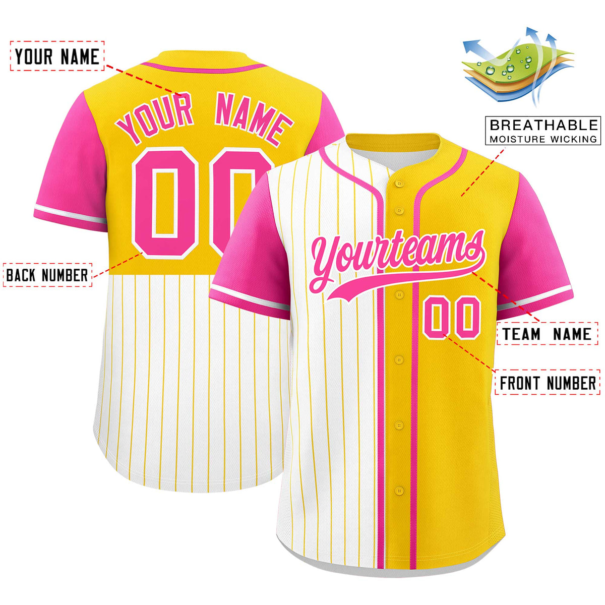 Custom White Gold and Pink Pinstripe Personalized Raglan Sleeves Authentic Baseball Jersey