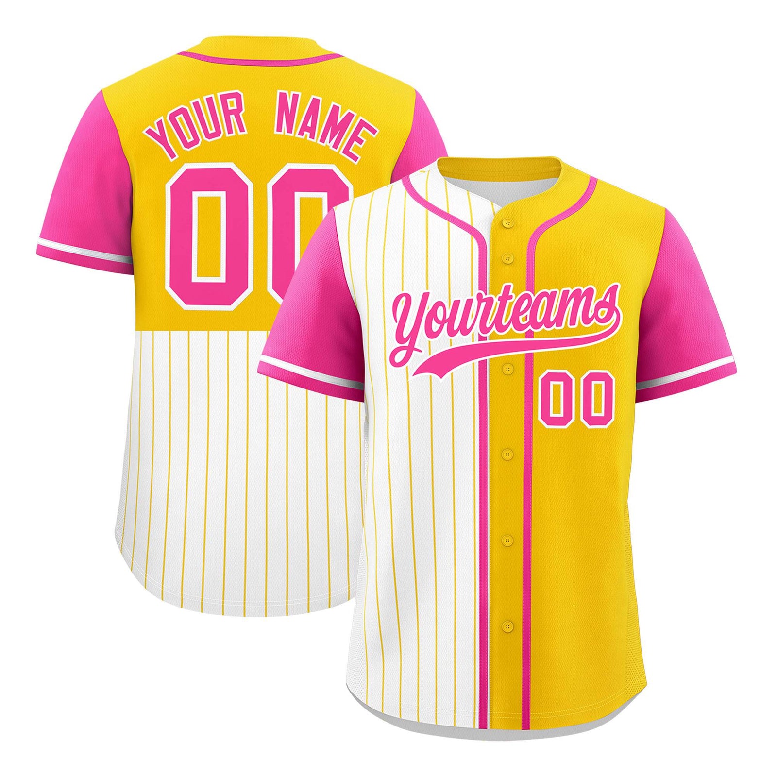 Custom White Gold and Pink Pinstripe Personalized Raglan Sleeves Authentic Baseball Jersey