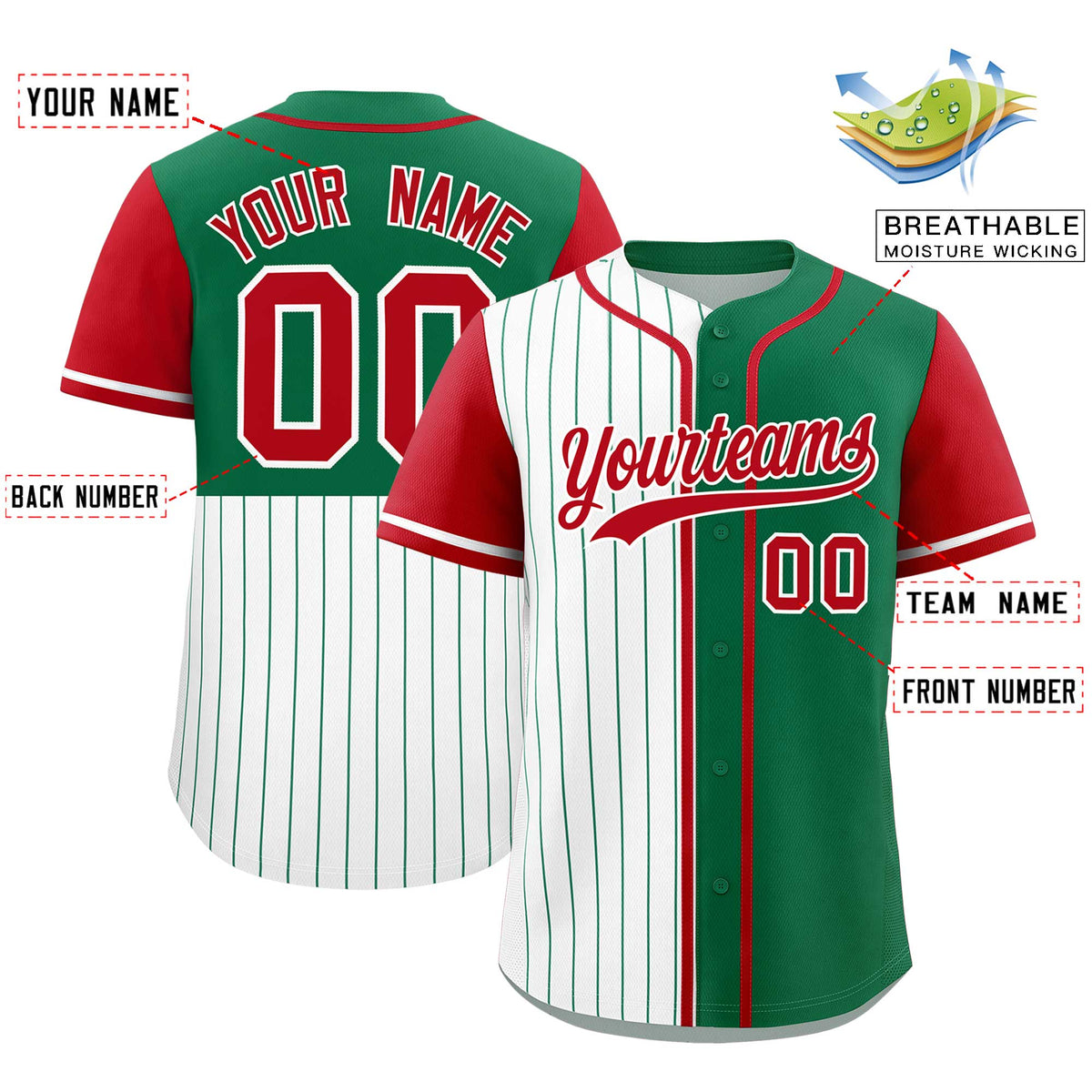 Custom White Kelly Green and Red Pinstripe Personalized Raglan Sleeves Authentic Baseball Jersey