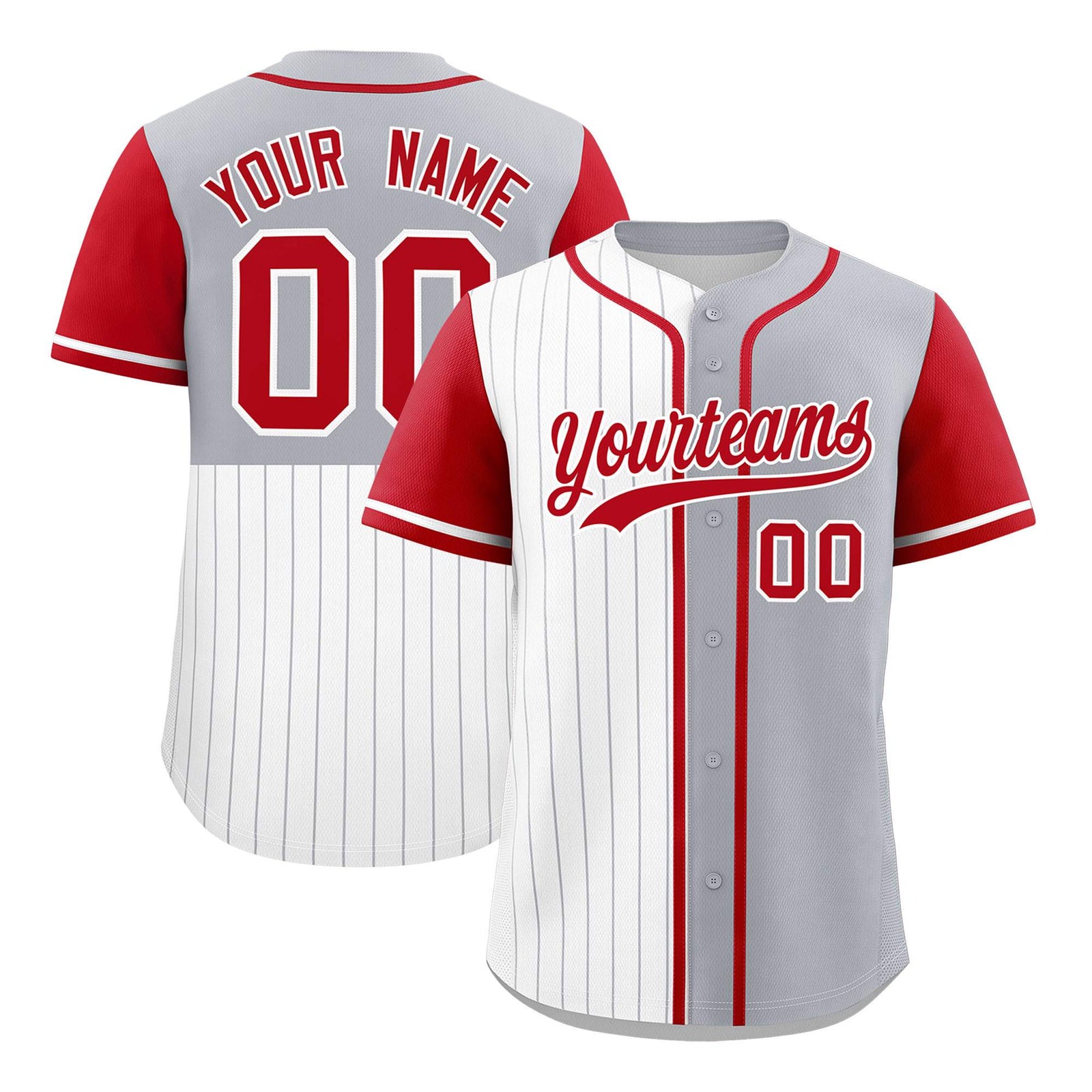 Custom White Gray and Red Pinstripe Personalized Raglan Sleeves Authentic Baseball Jersey