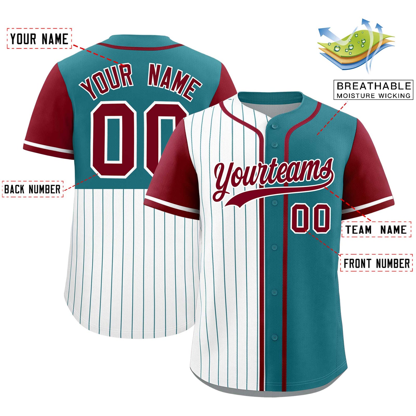 Custom White Teal and Crimson Pinstripe Personalized Raglan Sleeves Authentic Baseball Jersey