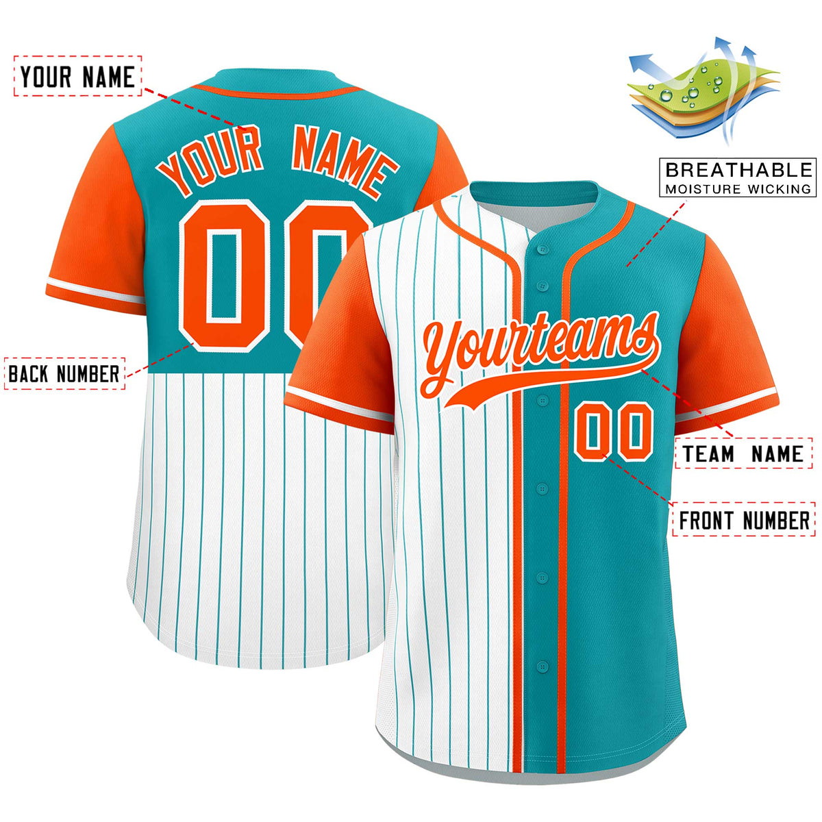 Custom White Aqua and Orange Pinstripe Personalized Raglan Sleeves Authentic Baseball Jersey