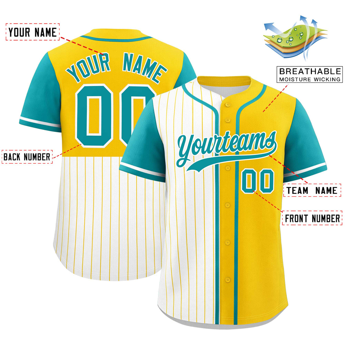 Custom White Gold and Aqua Pinstripe Personalized Raglan Sleeves Authentic Baseball Jersey