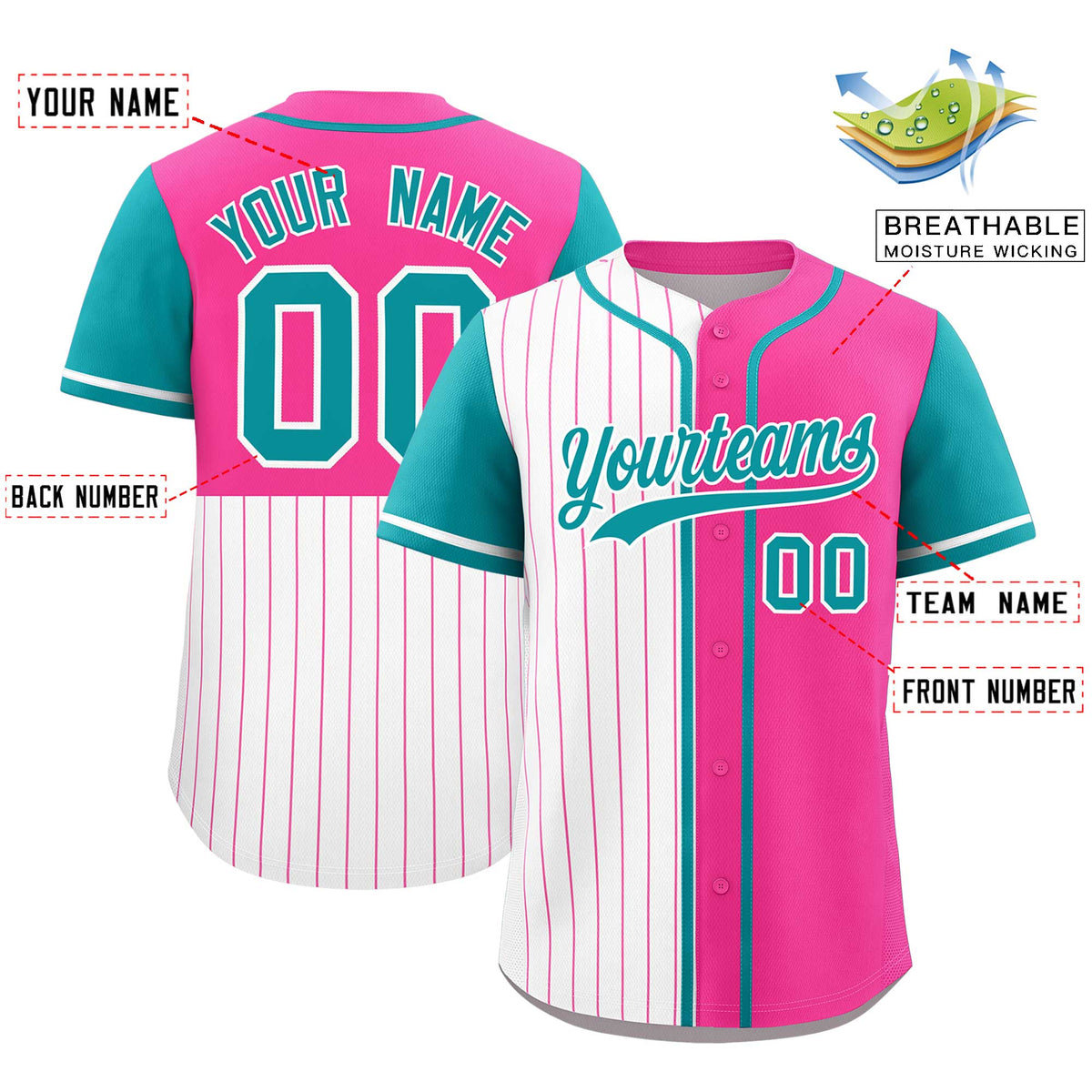 Custom White Pink and Aqua Pinstripe Personalized Raglan Sleeves Authentic Baseball Jersey
