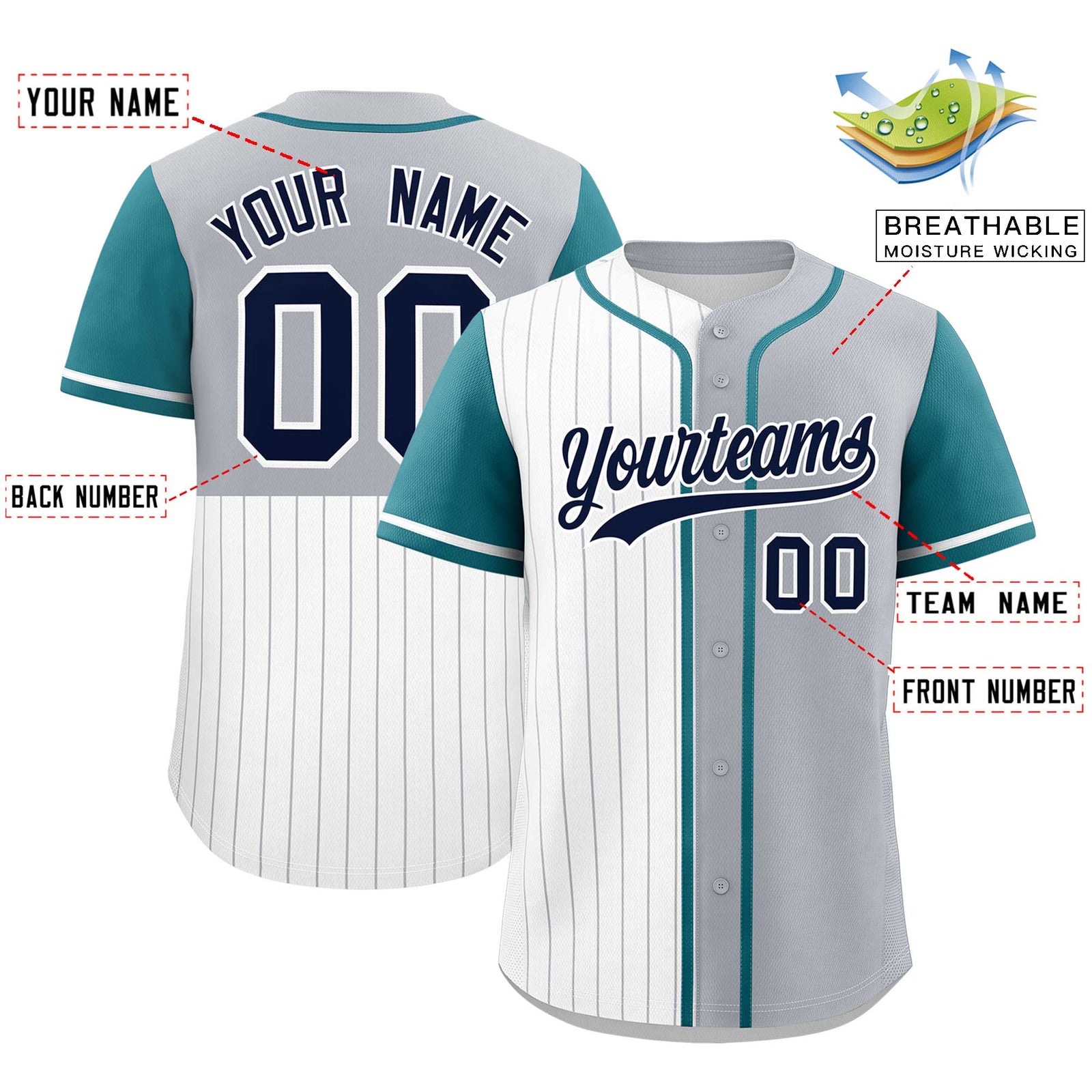 Custom White Gray and Teal Pinstripe Personalized Raglan Sleeves Authentic Baseball Jersey
