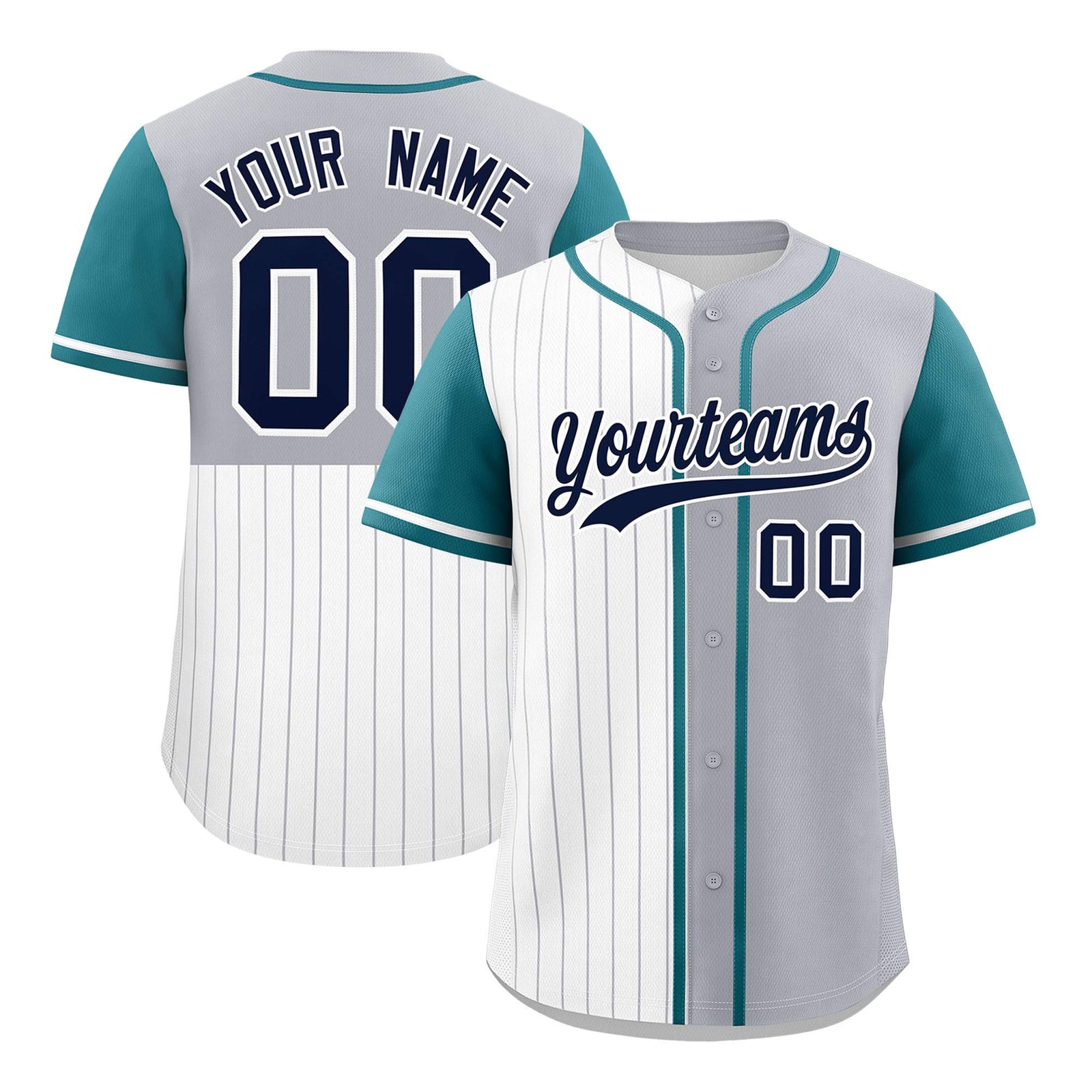 Custom White Gray and Teal Pinstripe Personalized Raglan Sleeves Authentic Baseball Jersey