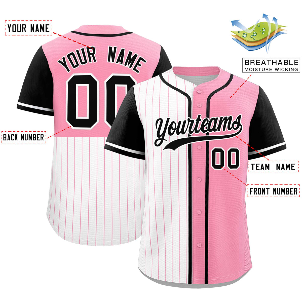 Custom White Light Pink and Black Pinstripe Personalized Raglan Sleeves Authentic Baseball Jersey