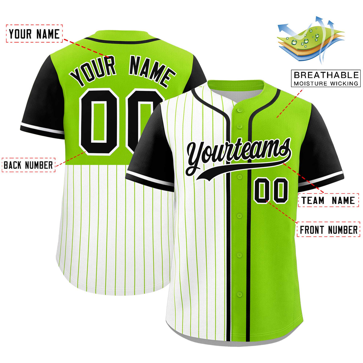 Custom White Neon Green and Black Pinstripe Personalized Raglan Sleeves Authentic Baseball Jersey