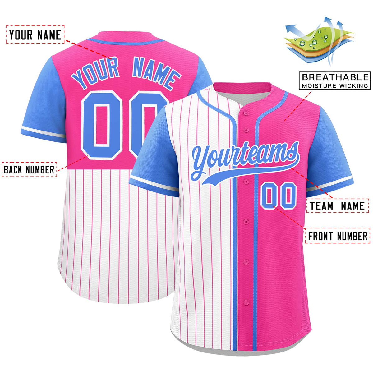 Custom White Pink and Powder Blue Pinstripe Personalized Raglan Sleeves Authentic Baseball Jersey
