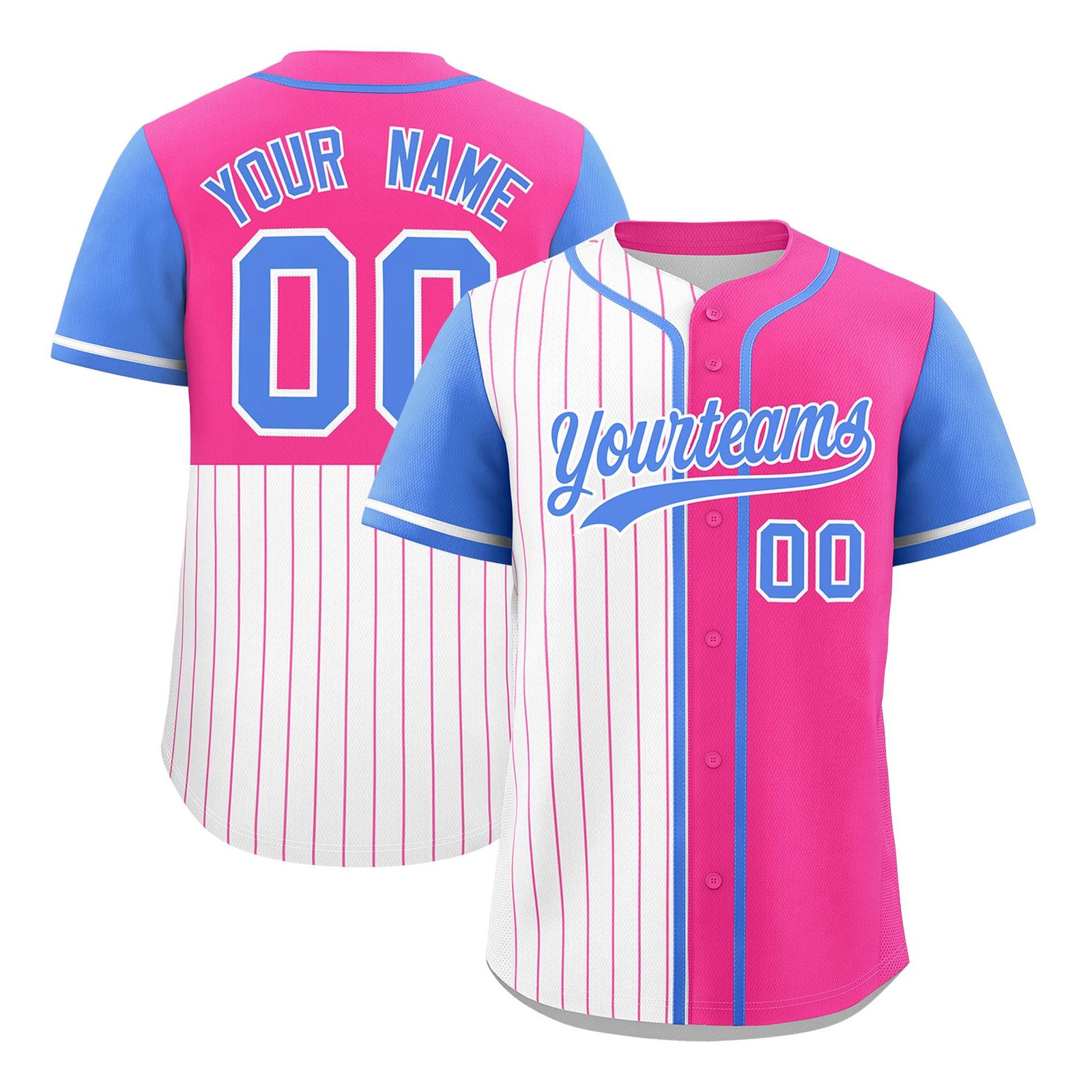 Custom White Pink and Powder Blue Pinstripe Personalized Raglan Sleeves Authentic Baseball Jersey