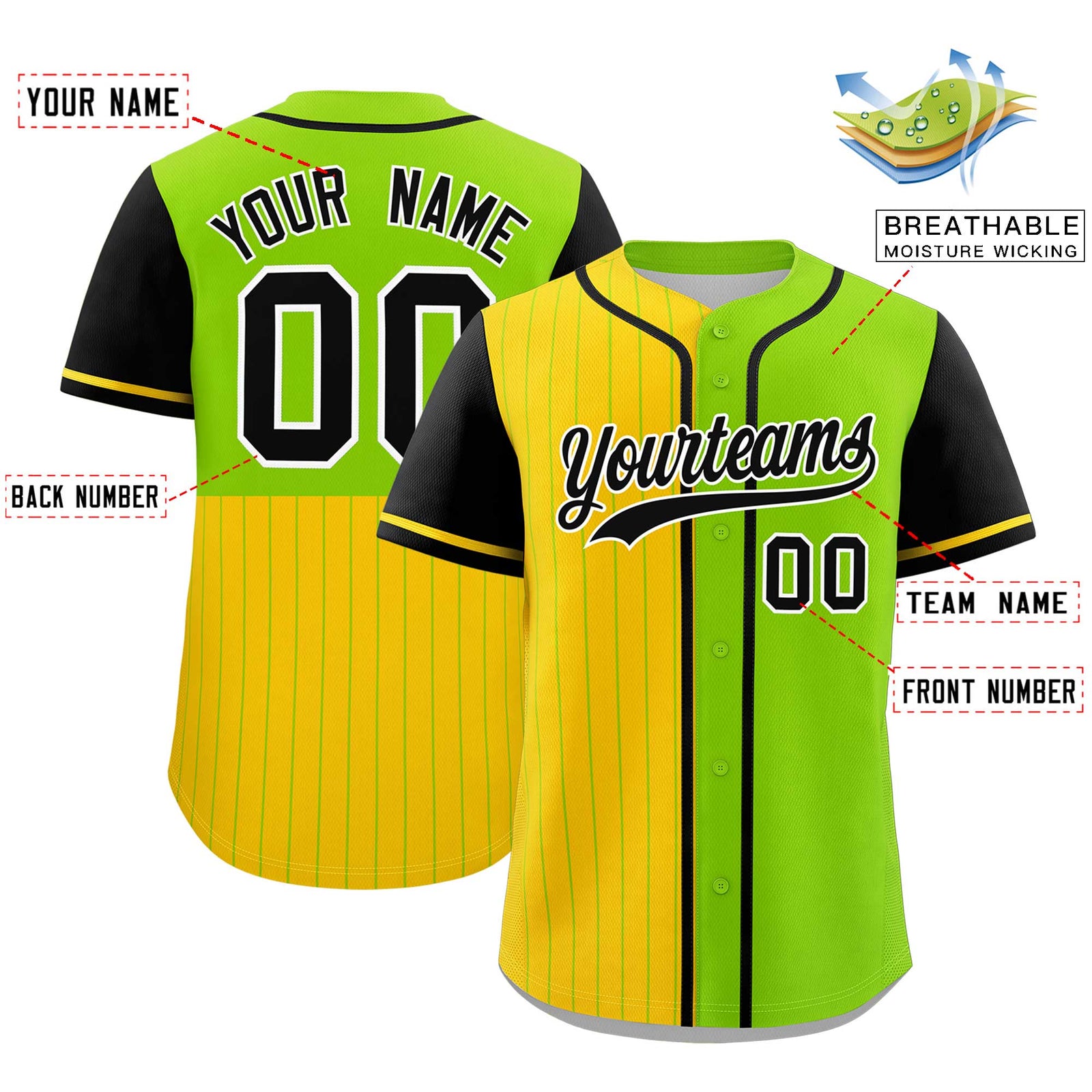Custom Gold Neon Green and Black Pinstripe Personalized Raglan Sleeves Authentic Baseball Jersey