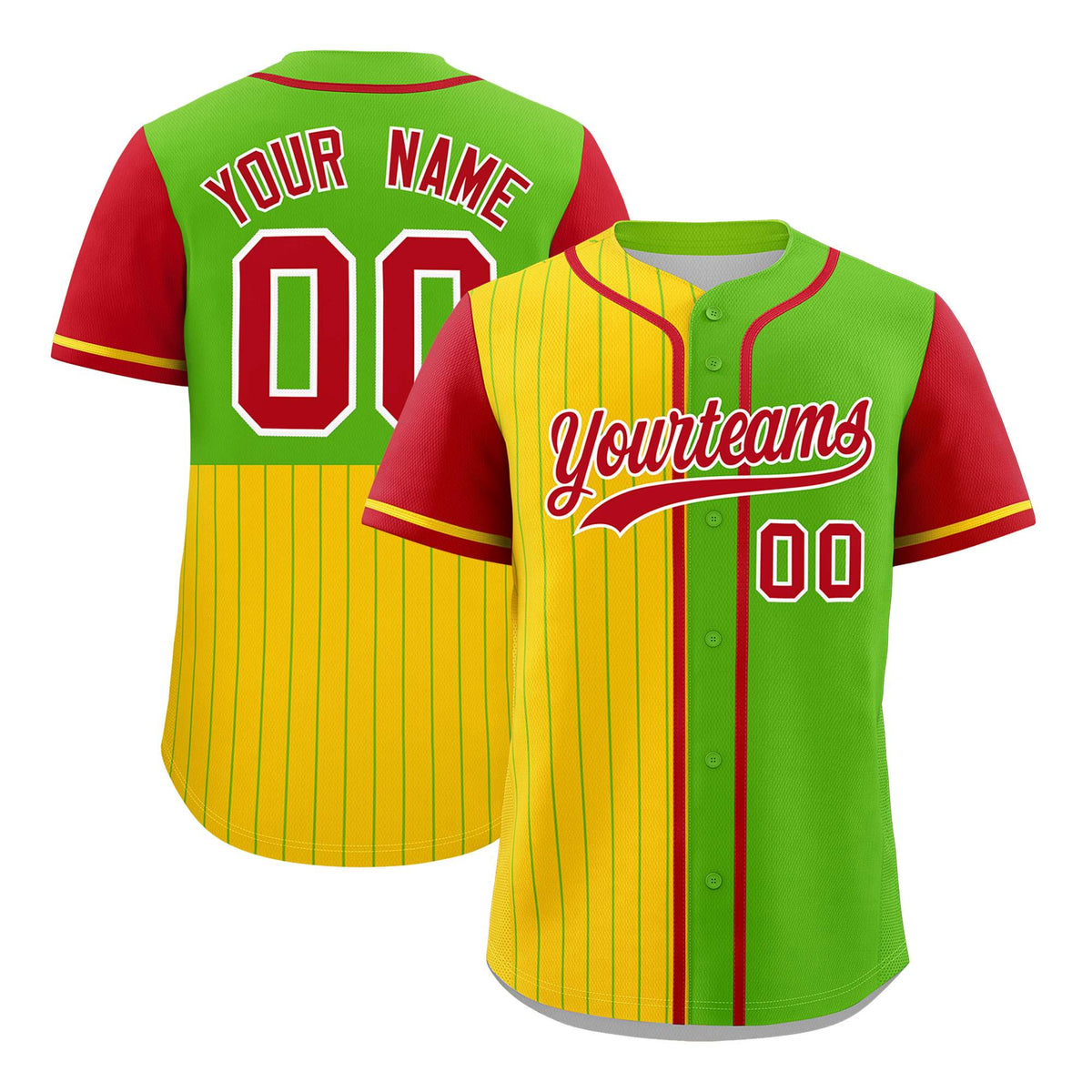 Custom Gold Neon Green and Red Pinstripe Personalized Raglan Sleeves Authentic Baseball Jersey