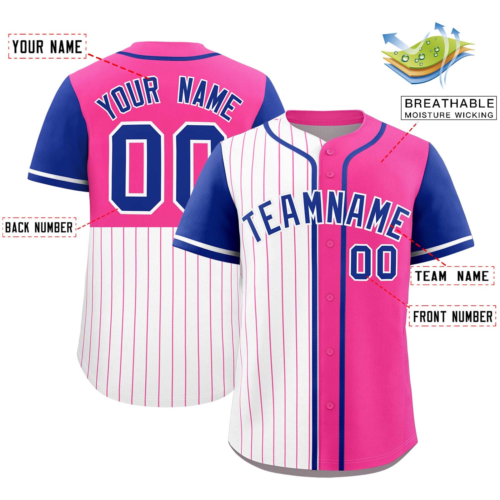Custom White Pink and Royal Pinstripe Personalized Raglan Sleeves Authentic Baseball Jersey