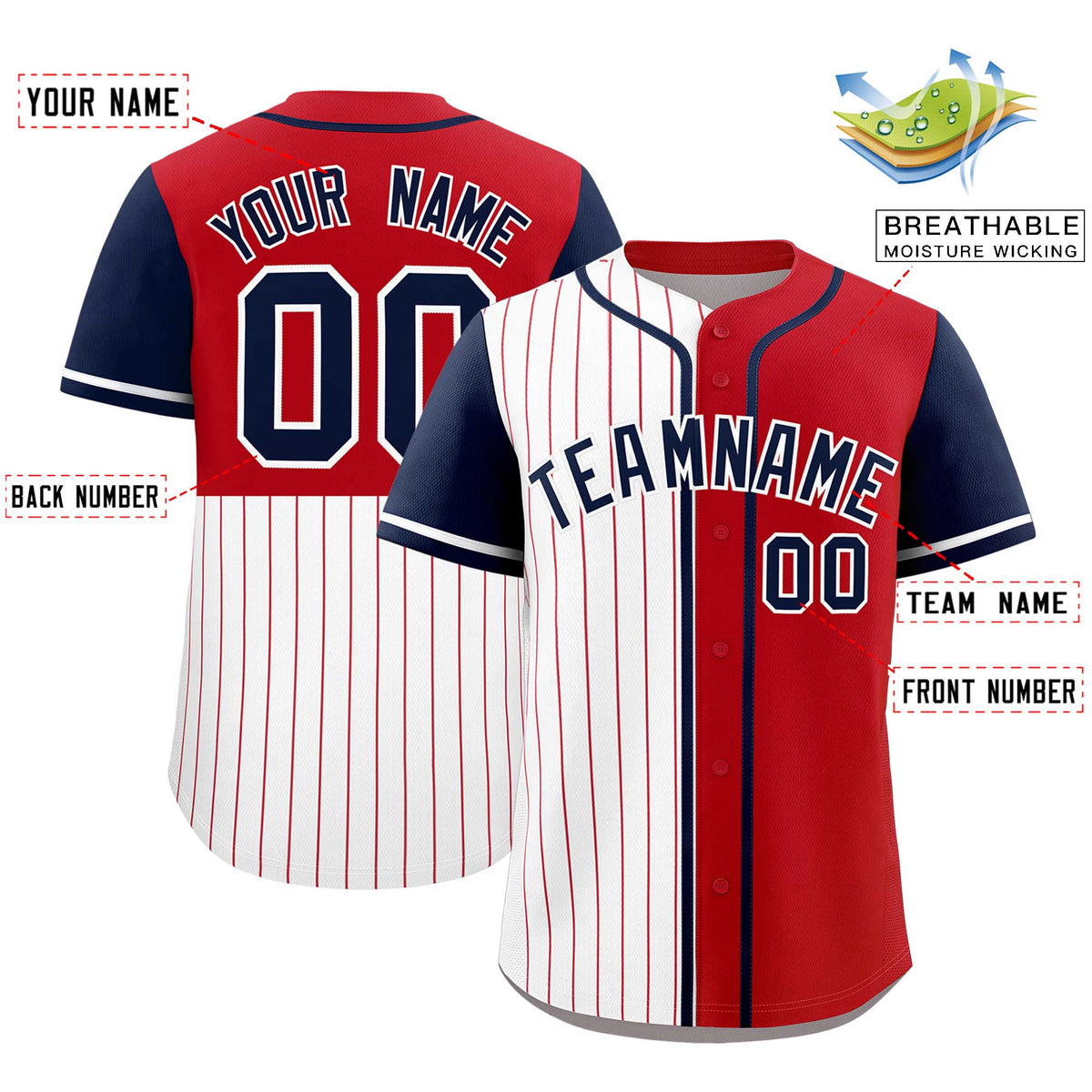 Custom White Red and Navy Pinstripe Personalized Raglan Sleeves Authentic Baseball Jersey