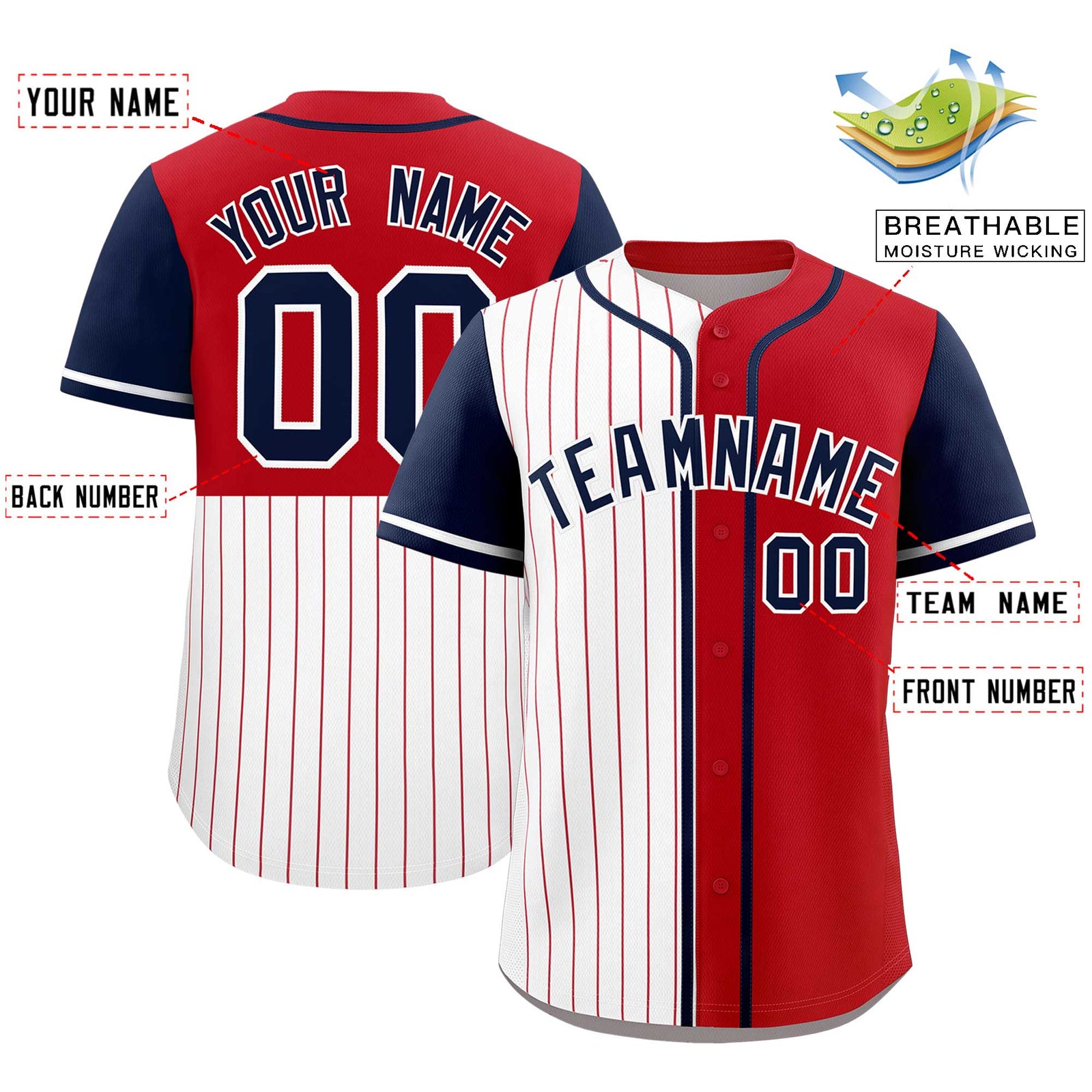 Custom White Red and Navy Pinstripe Personalized Raglan Sleeves Authentic Baseball Jersey