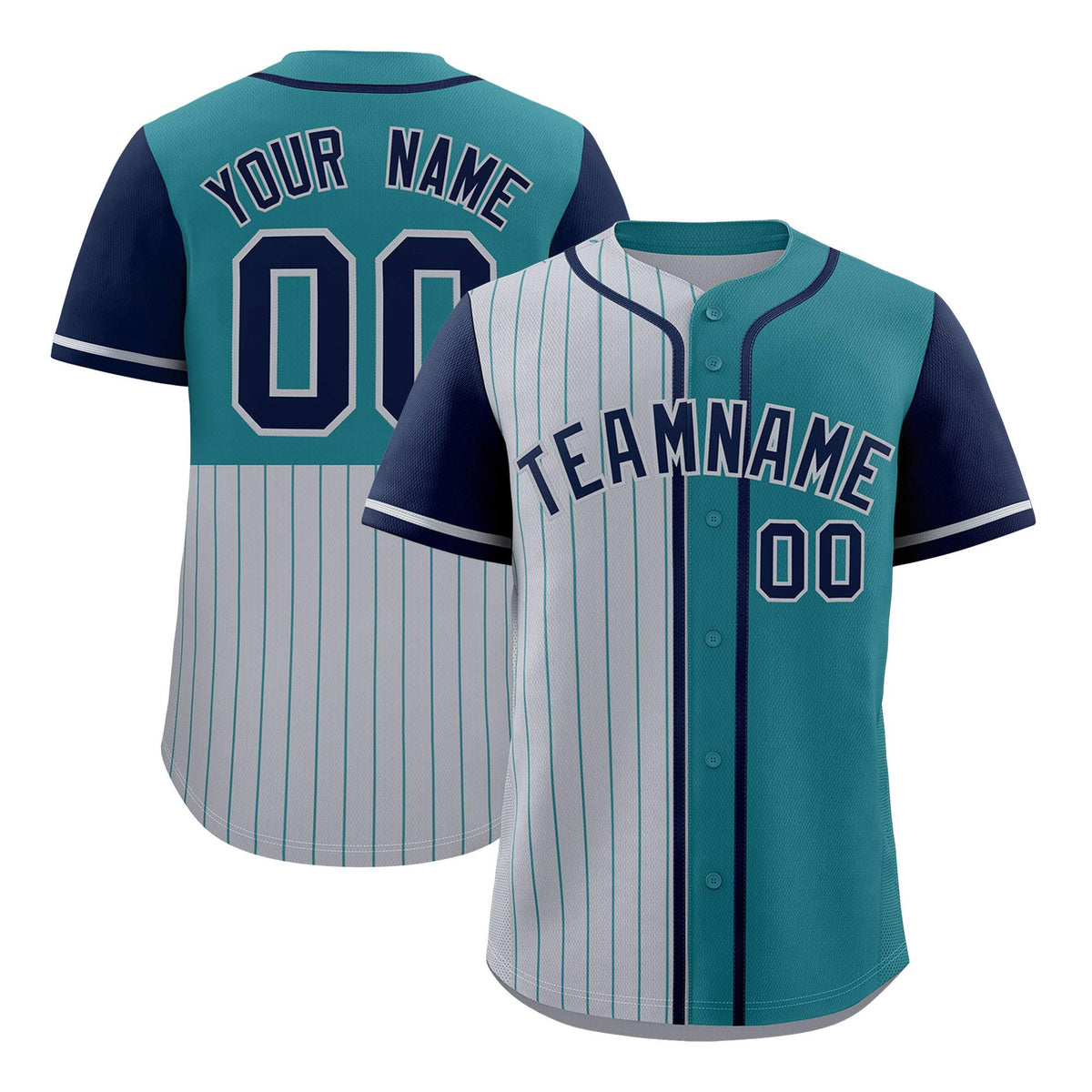 Custom Gray Teal and Navy Pinstripe Personalized Raglan Sleeves Authentic Baseball Jersey