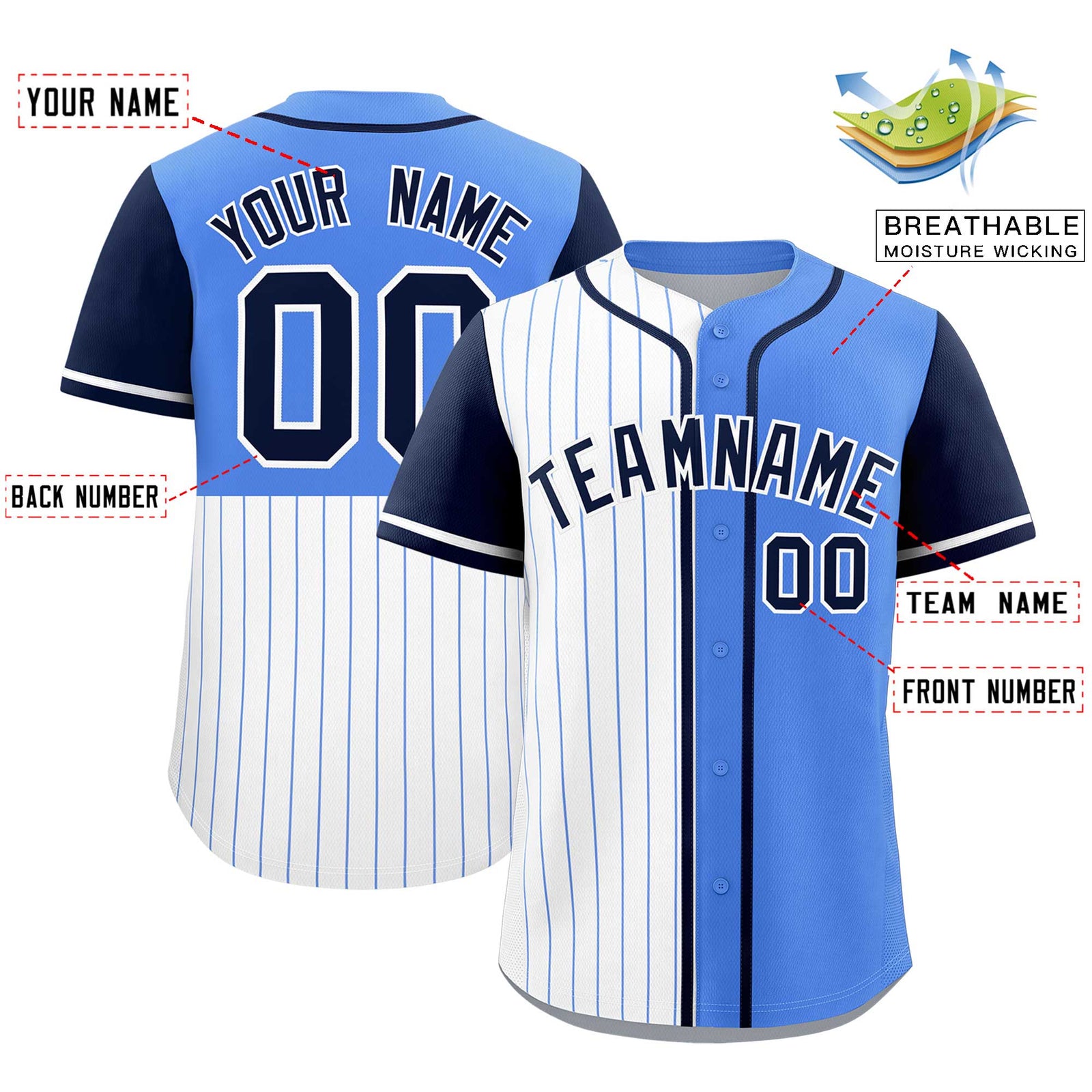 Custom White Powder Blue and Navy Pinstripe Personalized Raglan Sleeves Authentic Baseball Jersey