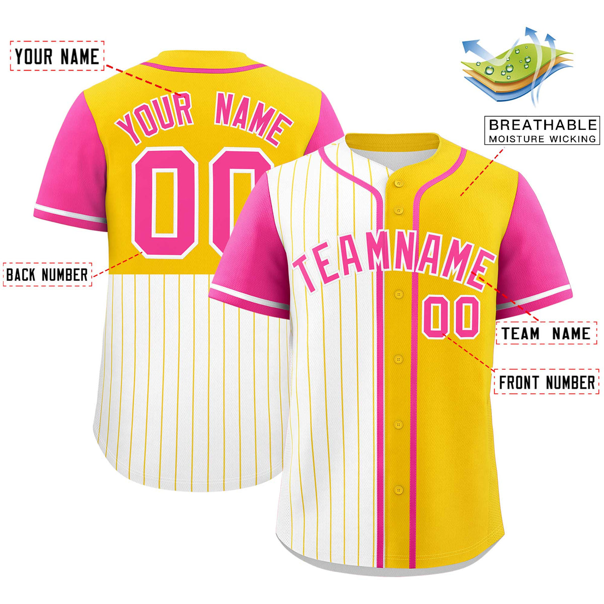 Custom White Gold and Pink Pinstripe Personalized Raglan Sleeves Authentic Baseball Jersey