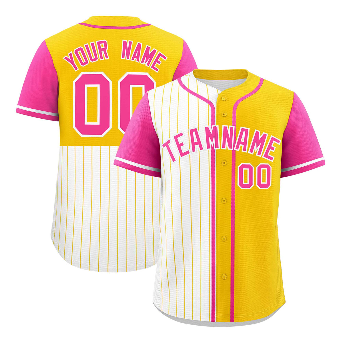 Custom White Gold and Pink Pinstripe Personalized Raglan Sleeves Authentic Baseball Jersey